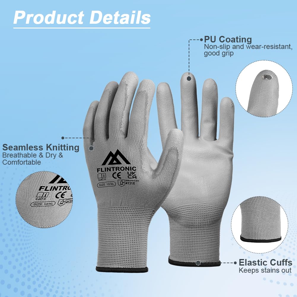 Flintronic 12-Pair Non-Slip PU-Coated Work Gloves, Protective Grip for General Duty and Gardening Scratch Protection (XL - Image 2