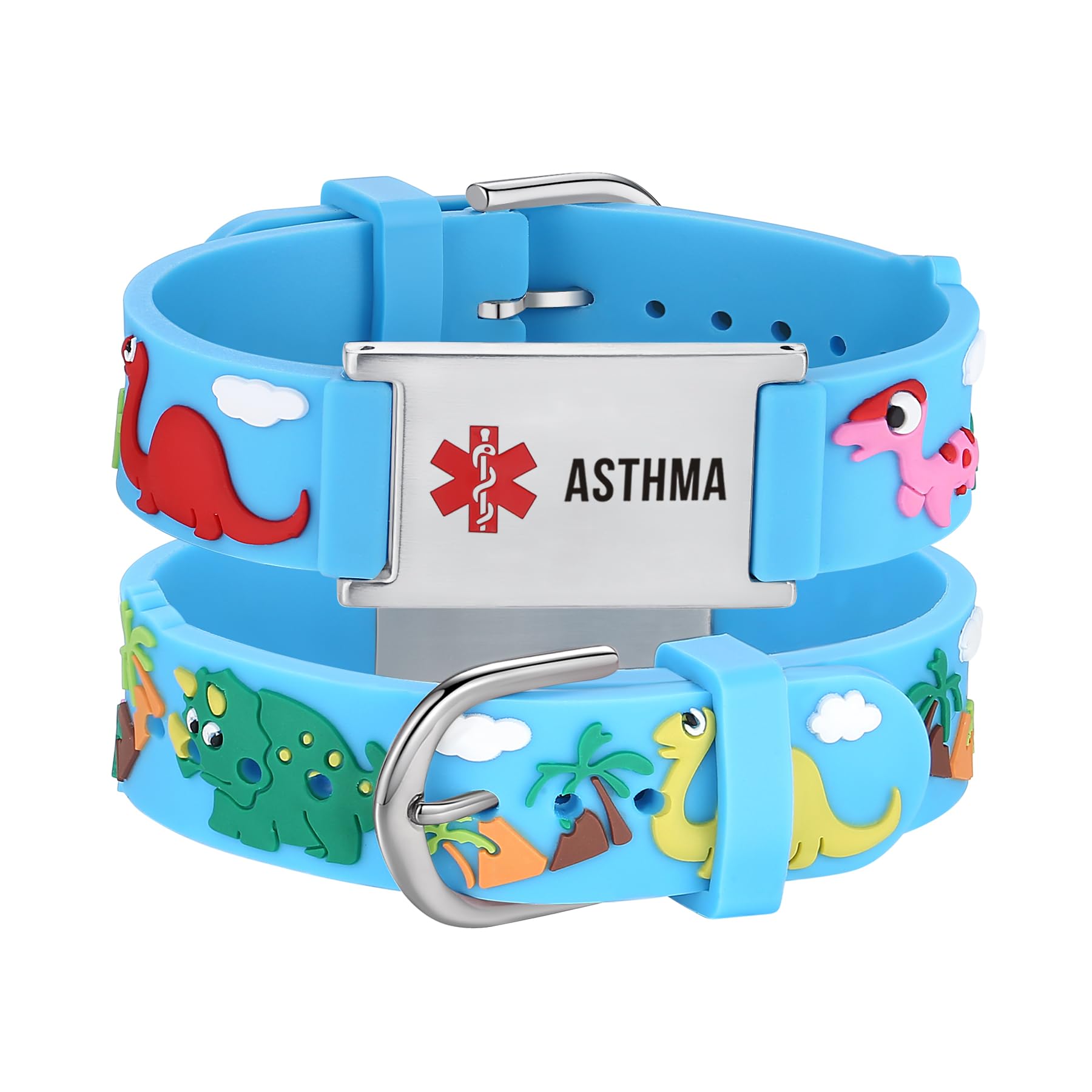 LinnaLove Medical Alert ID Bracelet – Custom or Pre-Engraved, QR Code Available,Blue Dinosaur Band