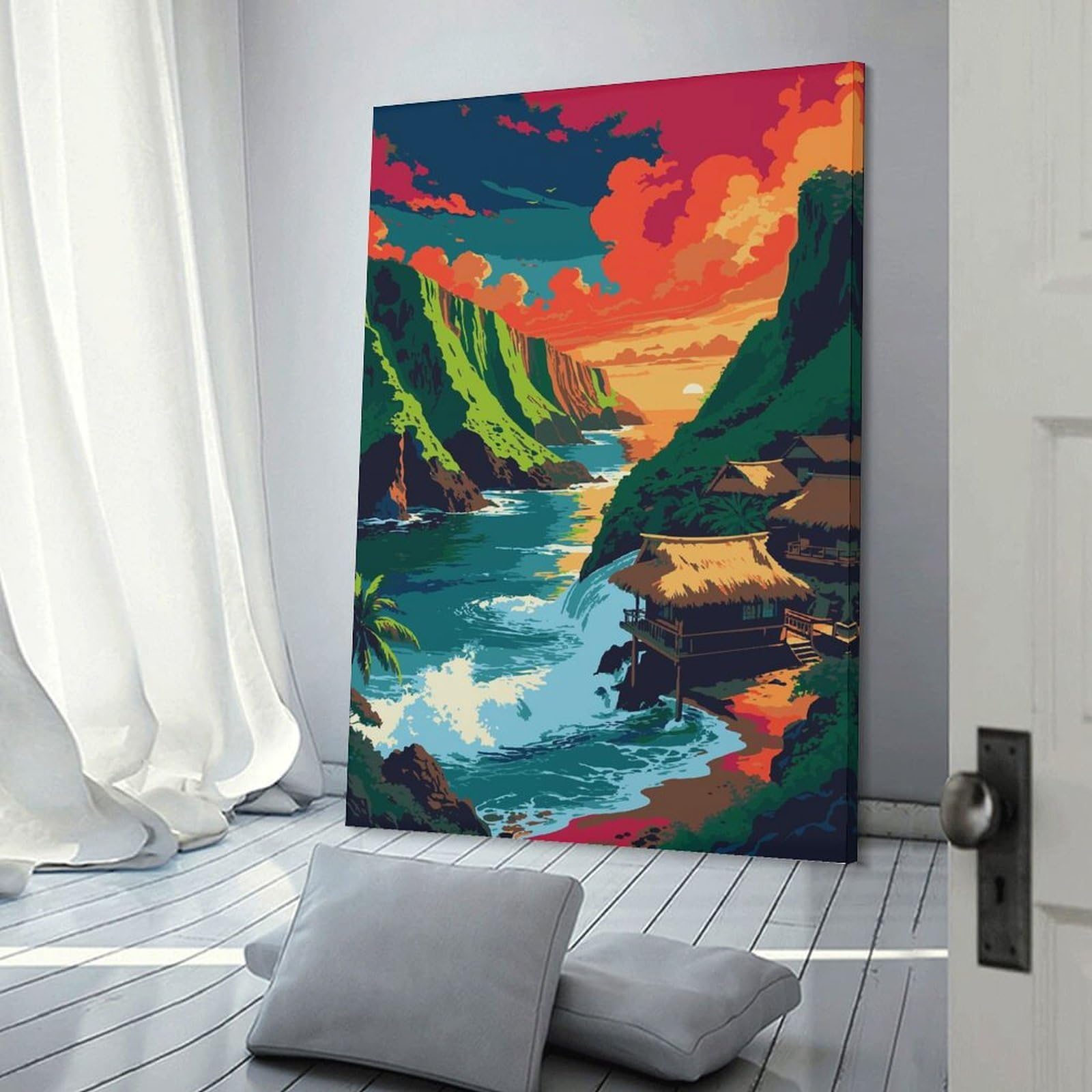 Junmoney Tropical Island Landscape with Thatched Huts Decorative Canvas Print 20x30inch(50x75cm), for Flats, Guest Rooms Or Compact Rooms, Home Artwork for Modern Interiors