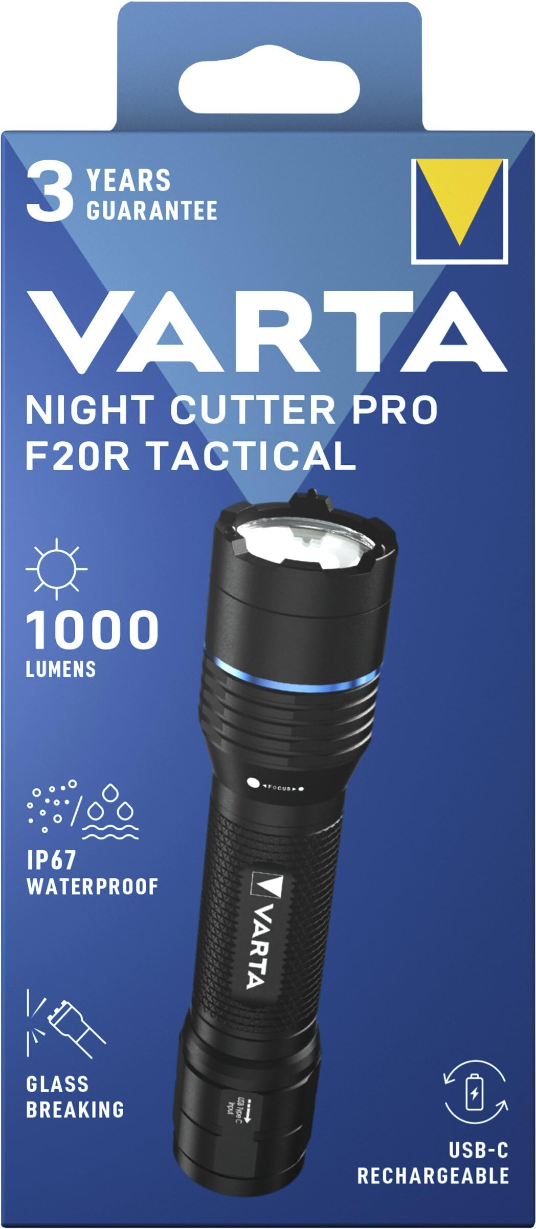 VARTA Latarka LED, Night Cutter Pro F20R tactical, 1000 lm, adowalna, IP67 wodoodporna, z regulacją ostrości, funkcja stłuczenia szkła, aluminiowa lotnicze, w tym kabura i smycz