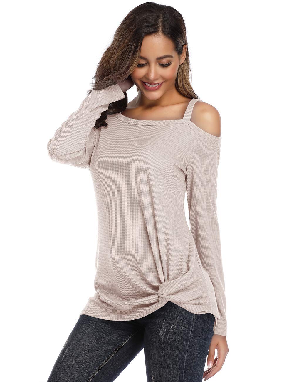 kayamiya Women's Long Sleeve Cold Shoulder Shirts Twist Knot Waffle Knit Pullover Tops