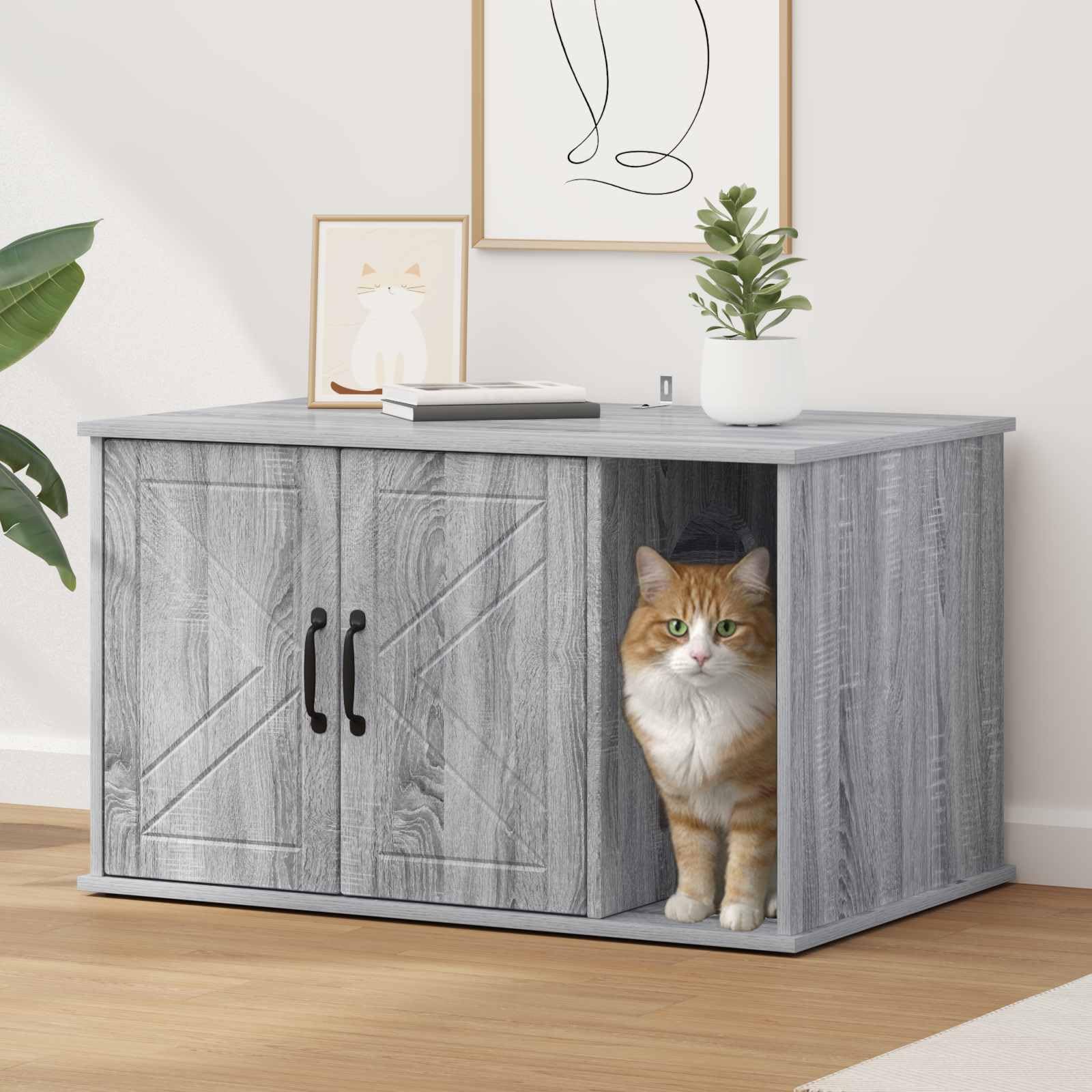Casa rectangular para gatos gris Sonoma 85 x 55 x 50 cm de madera de ingeniería, diseño minimalista moderno para sala de estar, refugio cómodo para felino, incluye accesorios de montaje