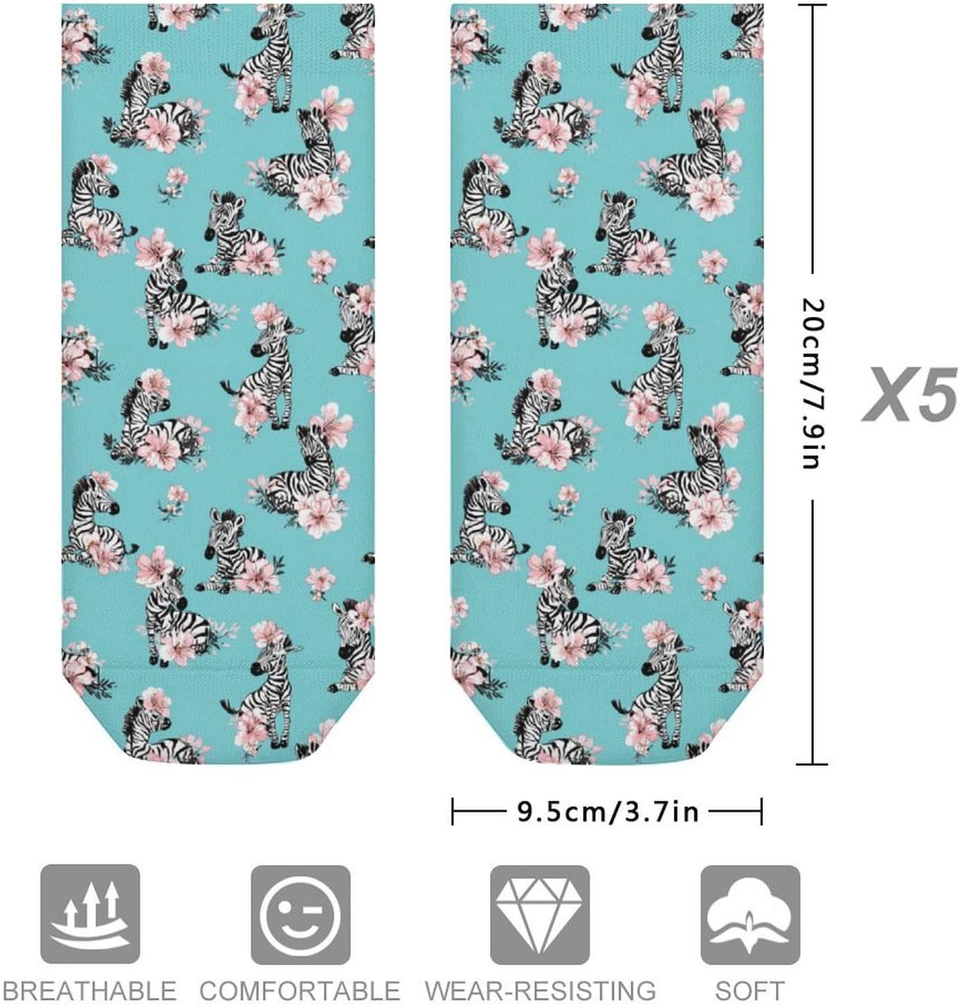 Cartoon Dancing Zebra Pattern Socks for Men Women 5 Pairs Ankle Socks