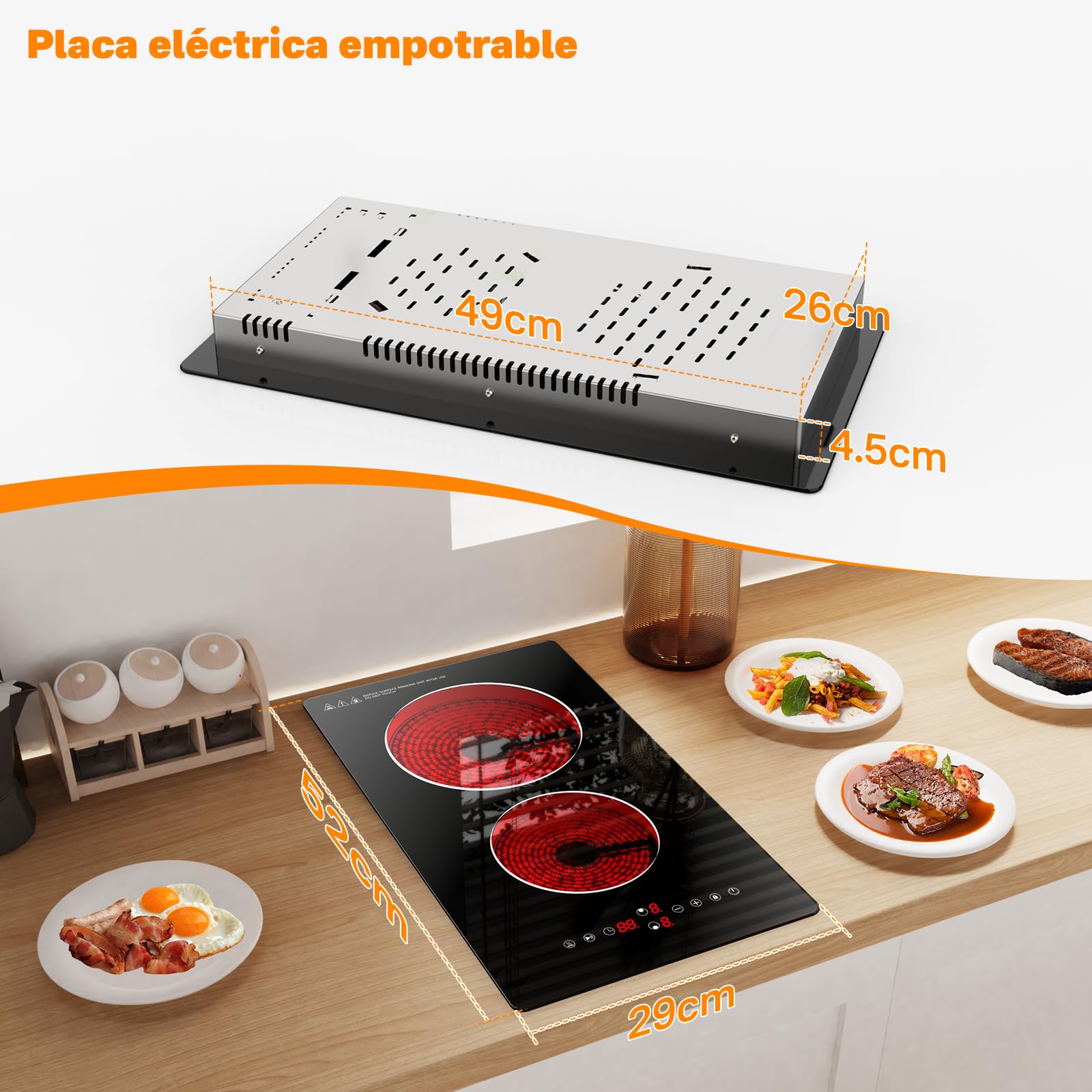 Placa Vitrocerámica 2 Fuegos 3000W Control Táctil Empotrable y Sobremesa