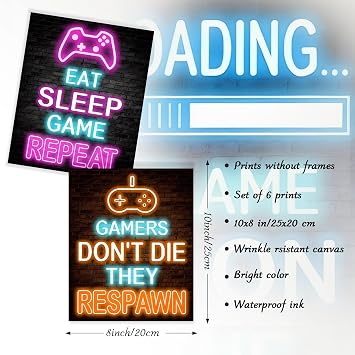 Dazzlewall 6Pcs Game Wall Art Poster Video Gamer Room Decor, Neon Gaming Poster for Teenage Boy Room Decor 8x10 in Unframed