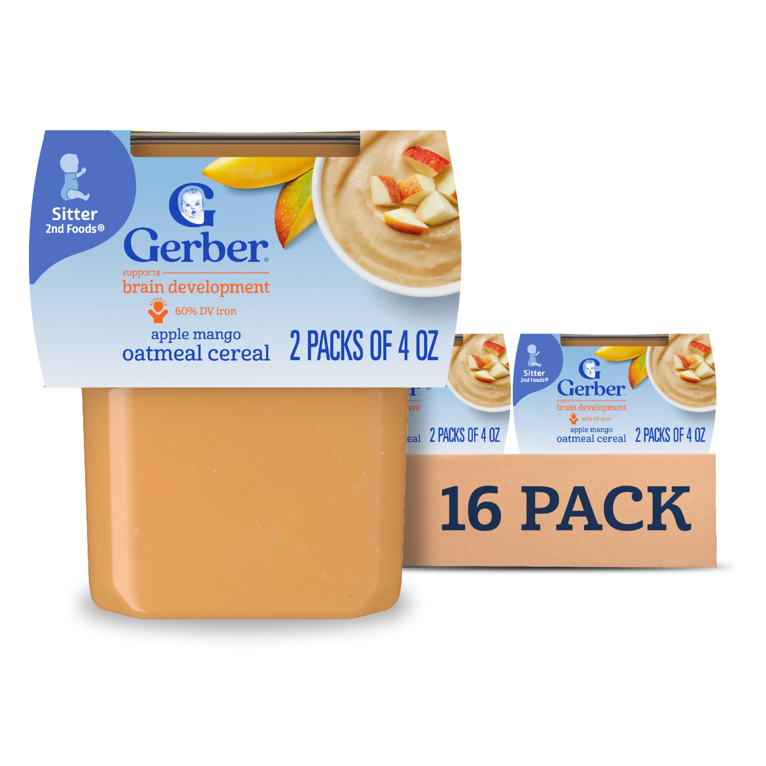 Gerber Baby Food 2nd Foods, Mixed Cereal, Apples & Mangos with Rice Cereal Puree, 4 Ounce Tubs, 2-Pack (Pack of 8)