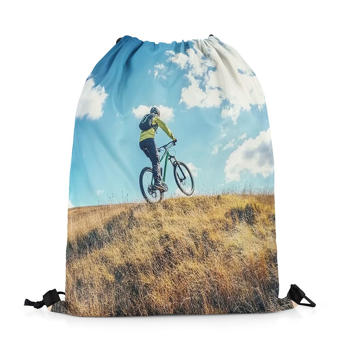 Homewish Bicycle Rider Drawstring Backpack 33 x 40 cm for Sport Gym Swim Yoga Camping,Mountain Bike Drawstring Bags,Watercolor Blue Sky Clouds String Backpack,Sports Game Draw String Back Bag