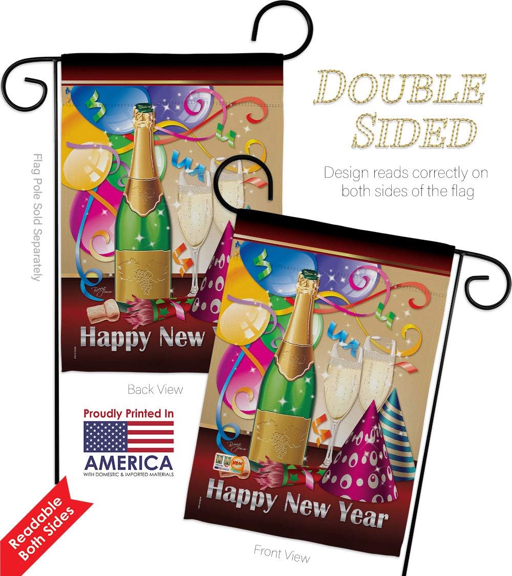Happy New Year Garden Flag Set Wall Holder Clock Countdown Champagne Party Fireworks Celebrate Small Decorative Gift Yard House Banner Double-Sided Made In USA 13 X 18.5