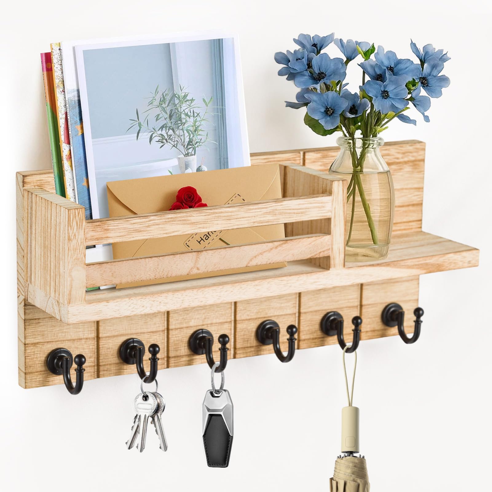 BREEZENEST Wooden Key Holder for Wall with 6 Hooks & Mail Shelf Wall Mounted Entryway Organizer with Self Adhesive or Screw Installation Key Rack for Keys Sunglasses Mail Letters for Hallway (Wood)
