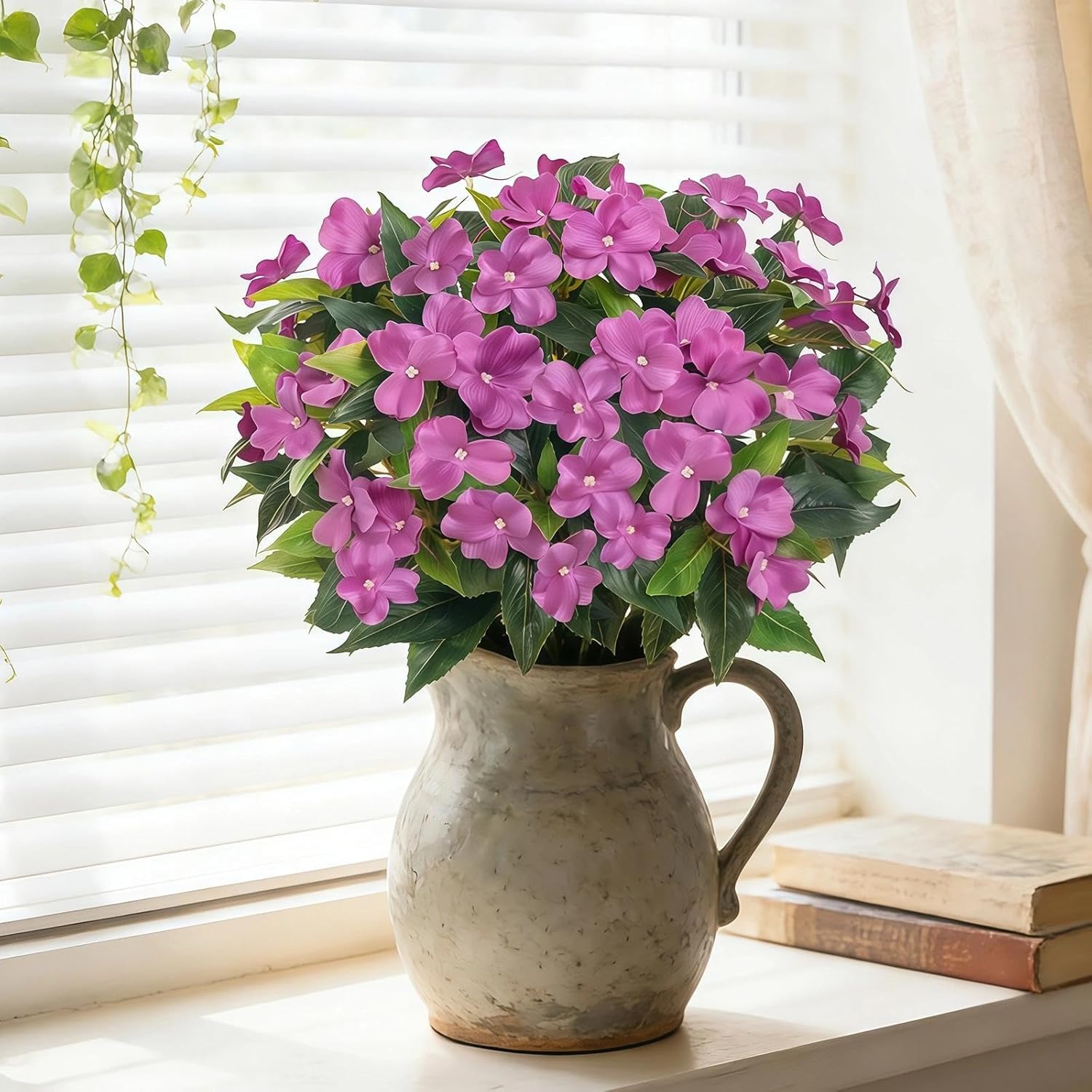 5PCS Artificial Impatiens Bouquet Flowers for Outdoors Silk Faux Flowers for Outdoor Fake Planters UV Resistant Spring Summer Indoor Decor Garden Porch Patio Window Kitchen Balcony, Purple