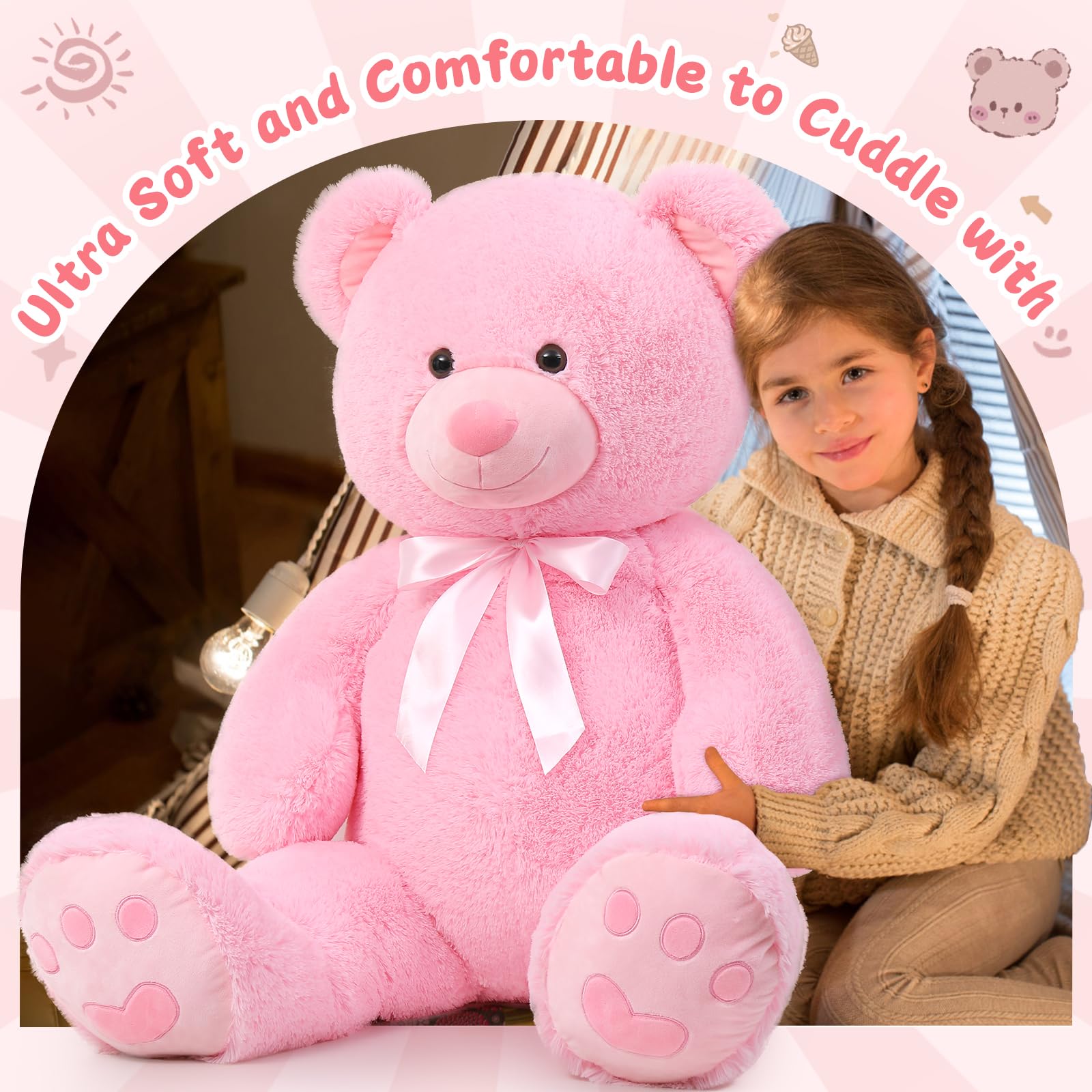 MorisMos 120cm großer teddybären, Rosa riesen Teddy XXL, weich groß teddybär, Kuschelig Plüschtier Kuscheltier teddys Geburtstag Geschenk für Mädchen FreundinKinder