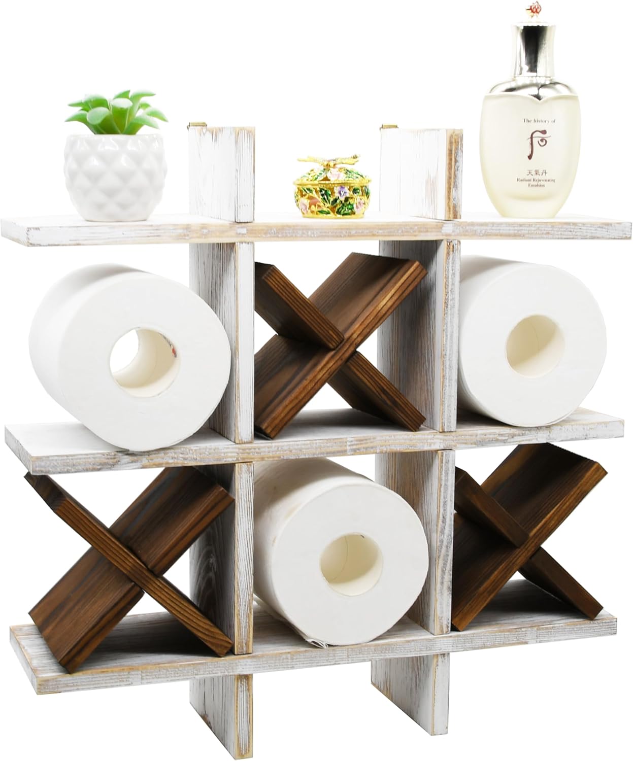 Tic Tac Toe Toilet Paper Holder Rack Rustic Whitewashed Wooden Toilet Paper Storage Bathroom Hanging Storage Wall Mounted Shelves Décor for Toilet Tissue Farmhouse