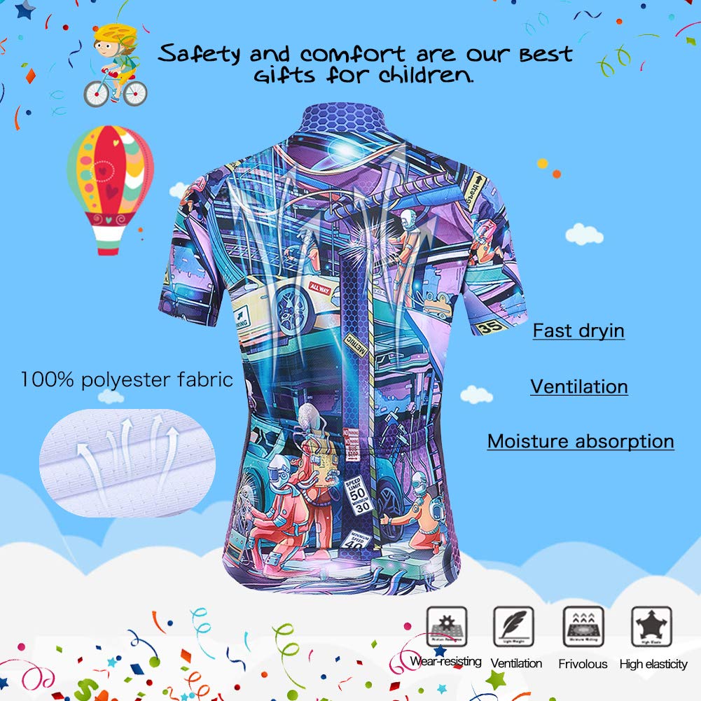 Kinder Jungen Radtrikot Set, Mädchen Radbekleidung Anzüge, Quick Dry Radsportanzug, Fahrradtrikot Kurzarm und 3D Sitzpolster Radhose, Rennwagen, 104/110(Herstellergröße: S)