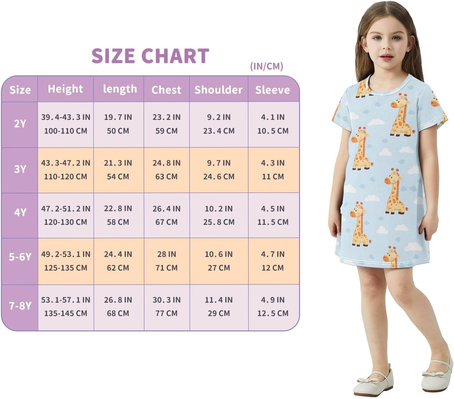 Giraffes Cartoon Girls Dresses Summer Dresses for Girls with Cotton Short Sleeves for Casual a Line Dress Size 2-8Y