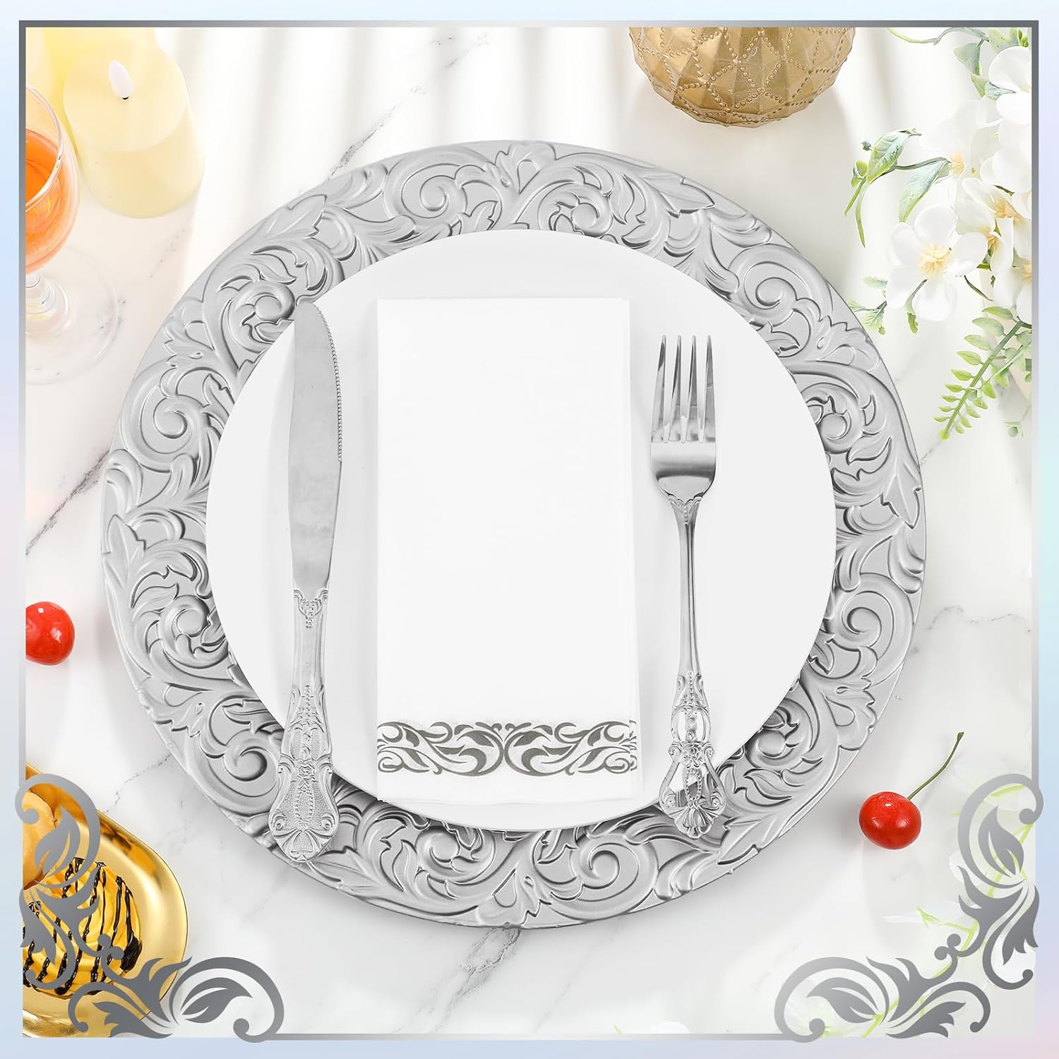 100 Set Antique Charger Plates with Napkins Set 13 Inch Plastic Round Chargers Bulk Embossed Rim Dinner Plates Elegant Guest Towels for Wedding Party Event Table Decoration Setting (Silver)