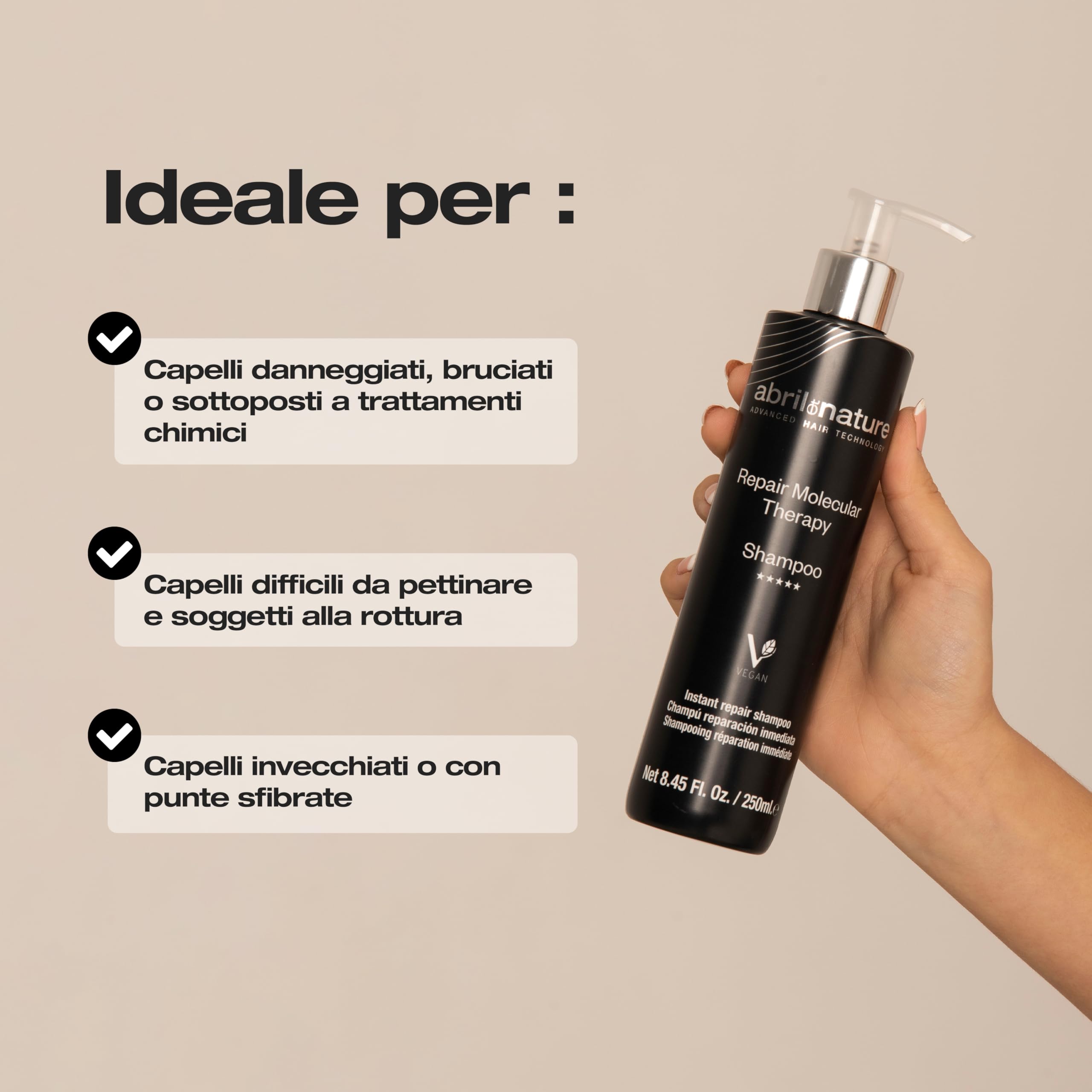 abril et nature - Shampoo Professionale Molecular Therapy - Per Capelli Danneggiati, Trattati o Invecchiati - Ristruttura, Ripara e Riempe la Fibra Capillare - Capelli Sani e Forti - 1000 ml