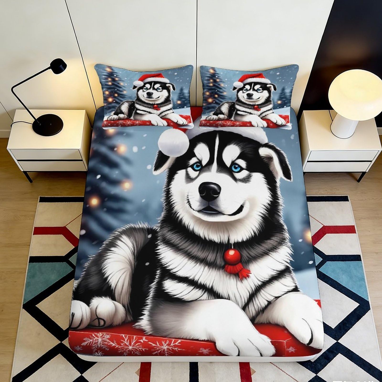 3D Printed Christmas Husky Fitted Sheet Microfiber Soft Durable Winter Dog Bed Cover for Bedroom Dormitory Guest Room Mattress Protection 160x200x25cm