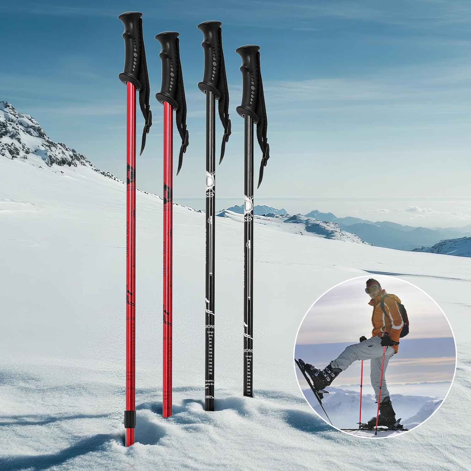 Adjustable Ski Poles for Downhill Skiing Lightweight Aluminum Ski Poles for Adults Men Women (78-135 cm/ 31-53 Inch) Black, Red 4
