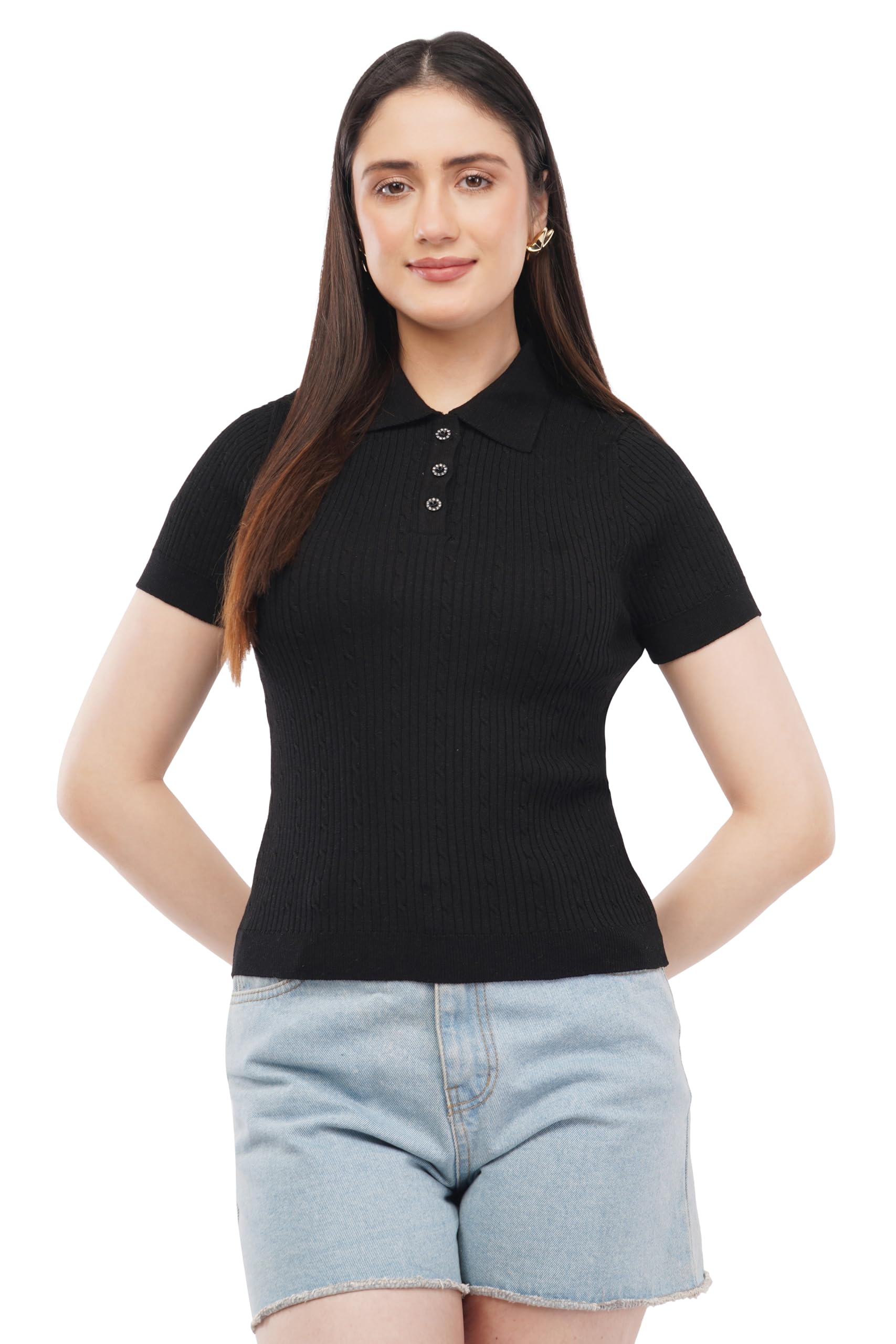 Women Ribbed Knit Polo Top, Short Sleeve Slim Fit Stretchable Casual Summer Top for Women-image-45