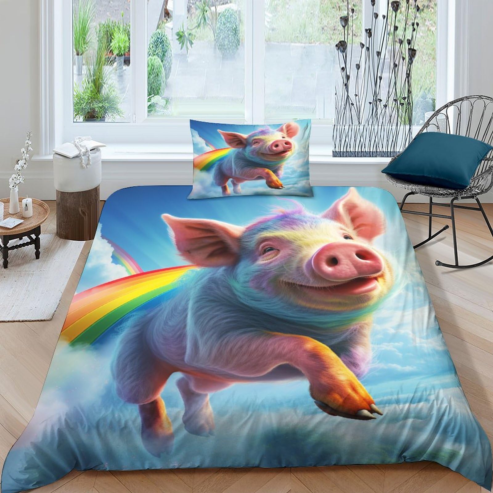 Housse de couette cochon 3D hypoallergénique ultra douce et respirante pour lit simple
