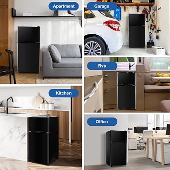 Mini Fridge with Freezer, 3.2 cuft Small Refrigerator, Compact Refrigerator | Double Door, 7 Adjustable Thermostat, Energy Saving, Low Noise, for Dorm, Bedroom, Office - BLACK