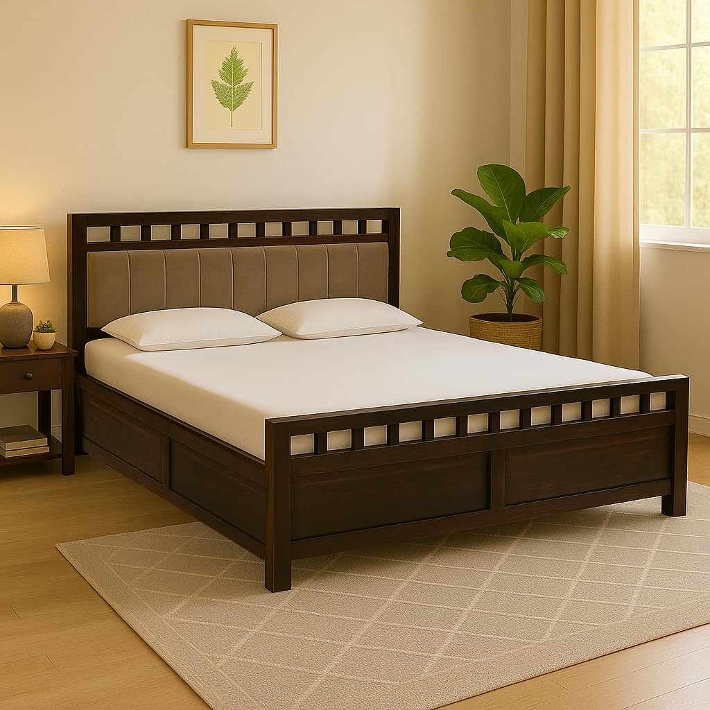 EXCEL International Solid Sheesham Wood Queen Size Bed with Box Storage | Wooden Double Bed with Box Storage & Upholstered Cushined Headboard for Bedroom | Rosewood, Teak Finish-image-40