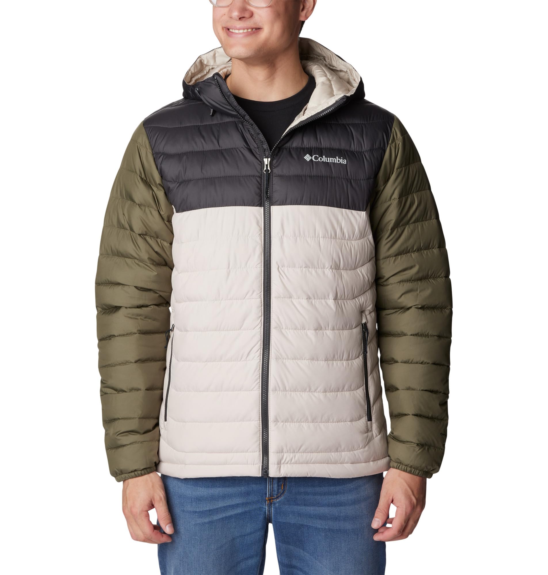 Columbia Men's Powder Lite Hooded Jacket, Hooded Puffer Jacket, Dark Stone/Shark/Stone Green, Size XL