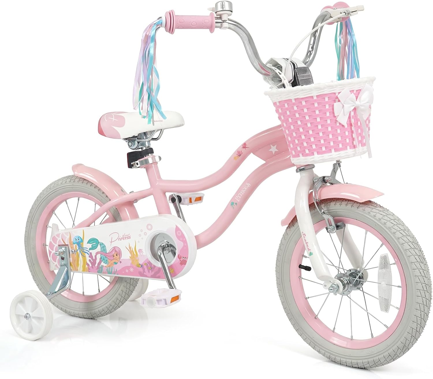 COSTWAY Mermaid Kids Bike, 12/14/16/18/20 Inch Toddler Bike w/Removable Training Wheels, Streamers, Doll Storage Basket, Handbrake & Coaster Brake, Children Kids Bicycle for 3+ Years Old Boys & Girls