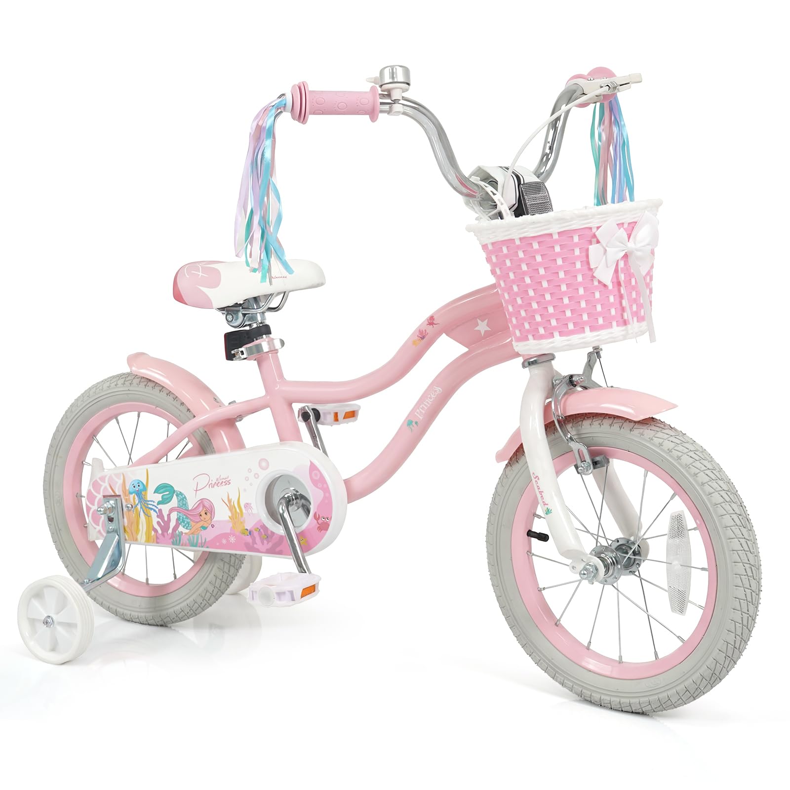 COSTWAY 14-inch mermaid-themed kids' bike in pink with streamers, doll basket | Mubboo