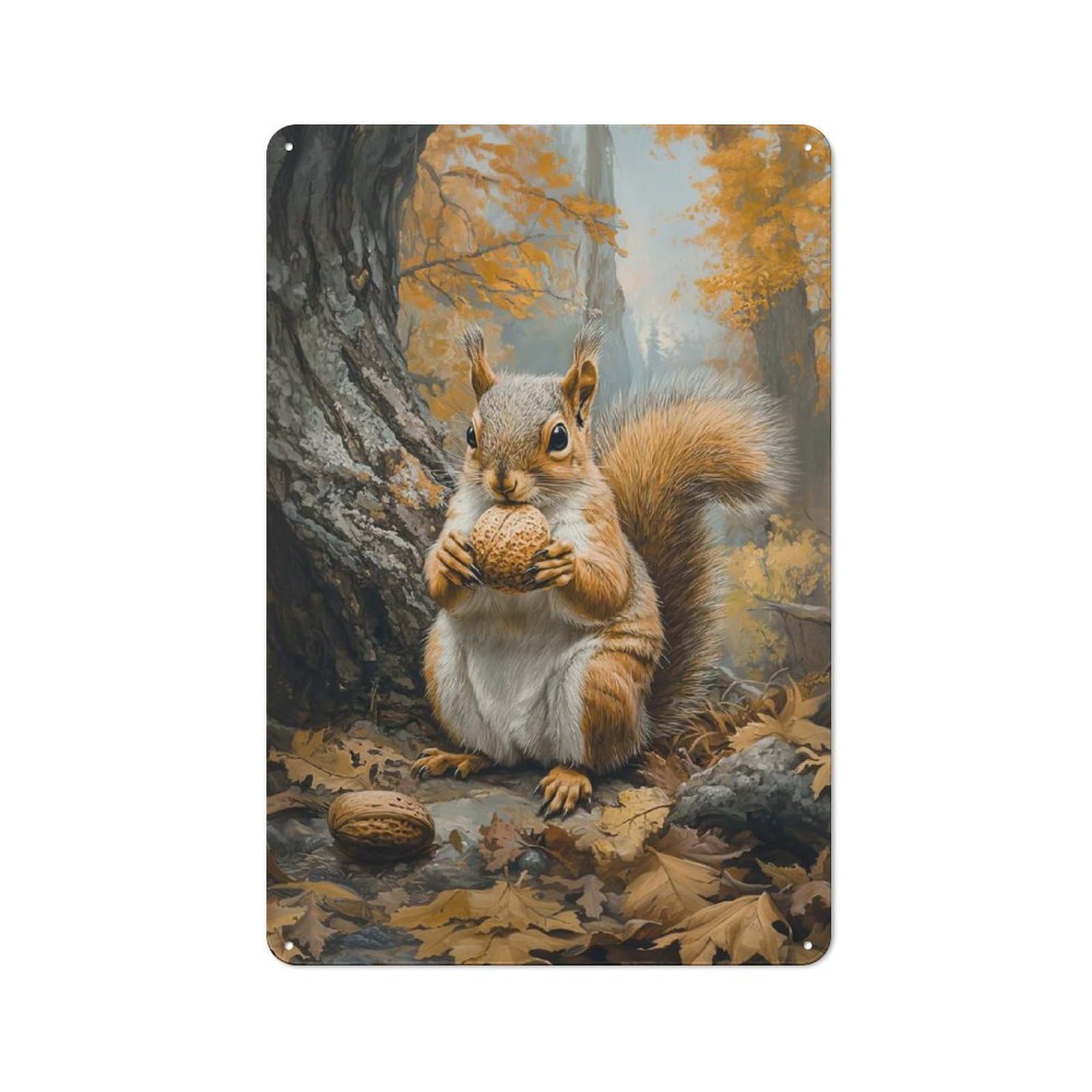 Junmoney Squirrel With Nut In Autumn Forest Vintage Garden Room Metal Sign 30X20cm, Garden Room Wall Plaque For Patio Bar, Workshop, Shed Or Kitchen