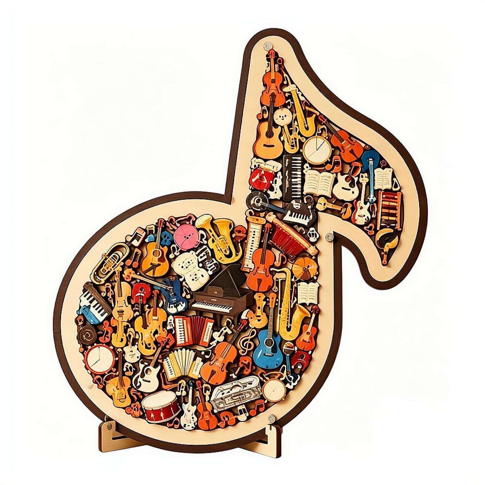 3D Music Note Jigsaw Puzzle Ornament, Wooden Musical Note Instrument Jigsaw Puzzle with Display Stand, Unique Desk Art Decor for Music Lovers Teachers Gift