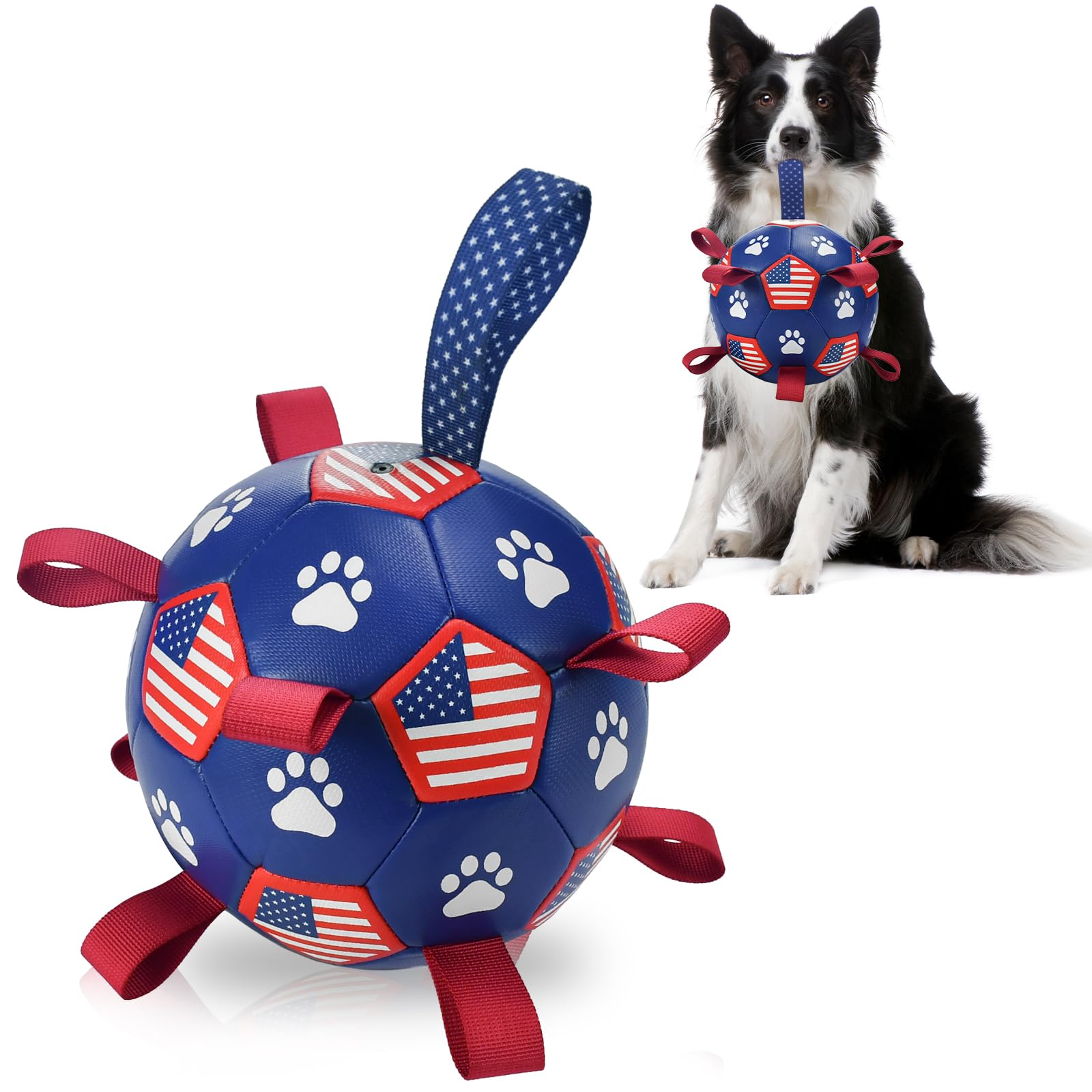 ShuRung 4th July Theme Dog Soccer Ball Toy with Straps Pet Interactive Play Balls for Tug of War USA Independence Day Soccer for Small Medium Big Size Dogs (8 inches) M