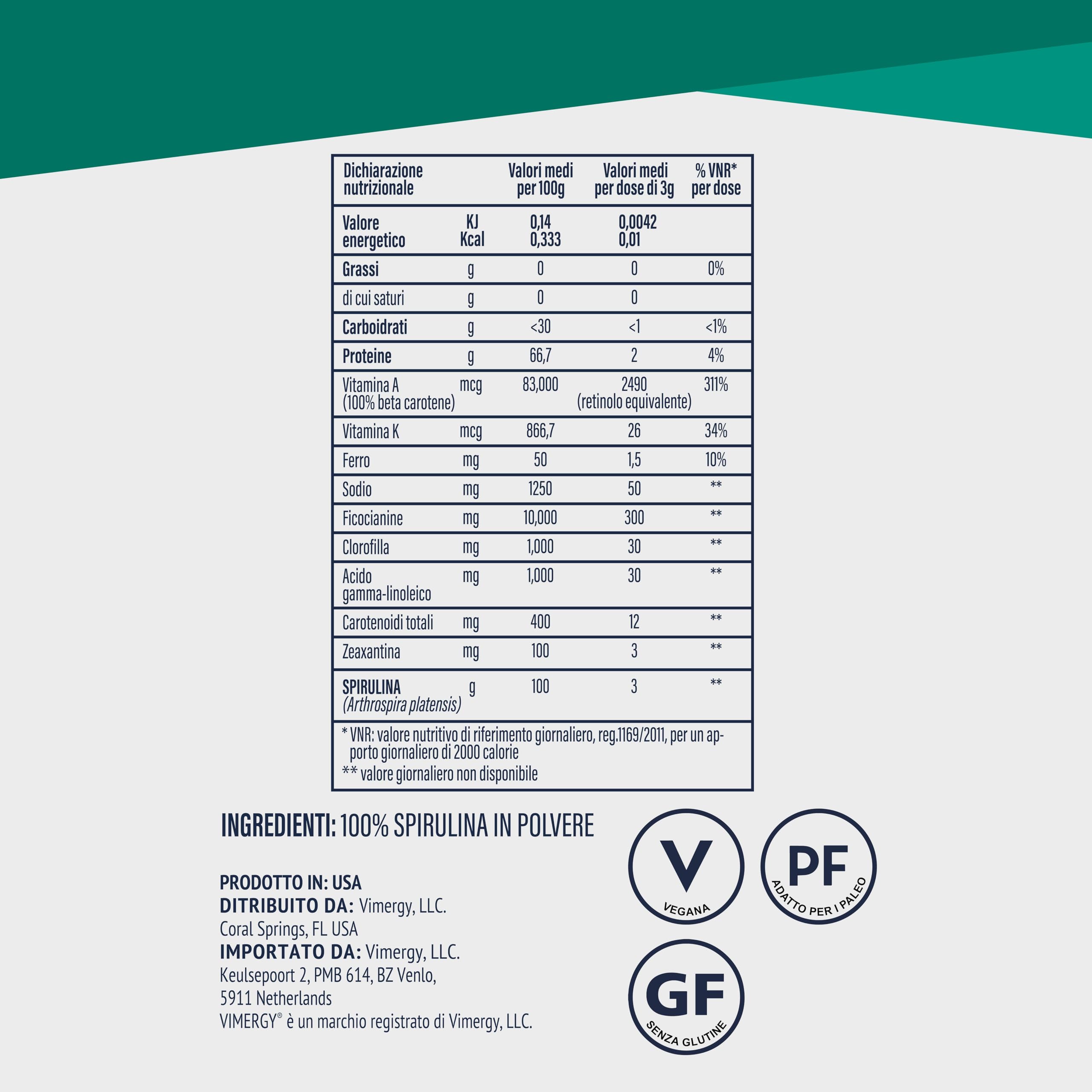 Vimergy Spirulina Powder, 45 Dosi – Spirulina Polvere a Rapido Assorbimento – Integratore Vegano – Senza Antiagglomeranti, Riempitivi, Aromi o Zucchero - Senza OGM e Senza Glutine (135 g)