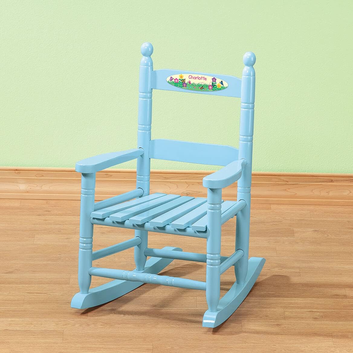 Fox Valley Traders Custom Childrens Rocking Chair, Features Classic Rocker Design and Hardwood Construction, Blue Finish with Flowers & Buterflies Design