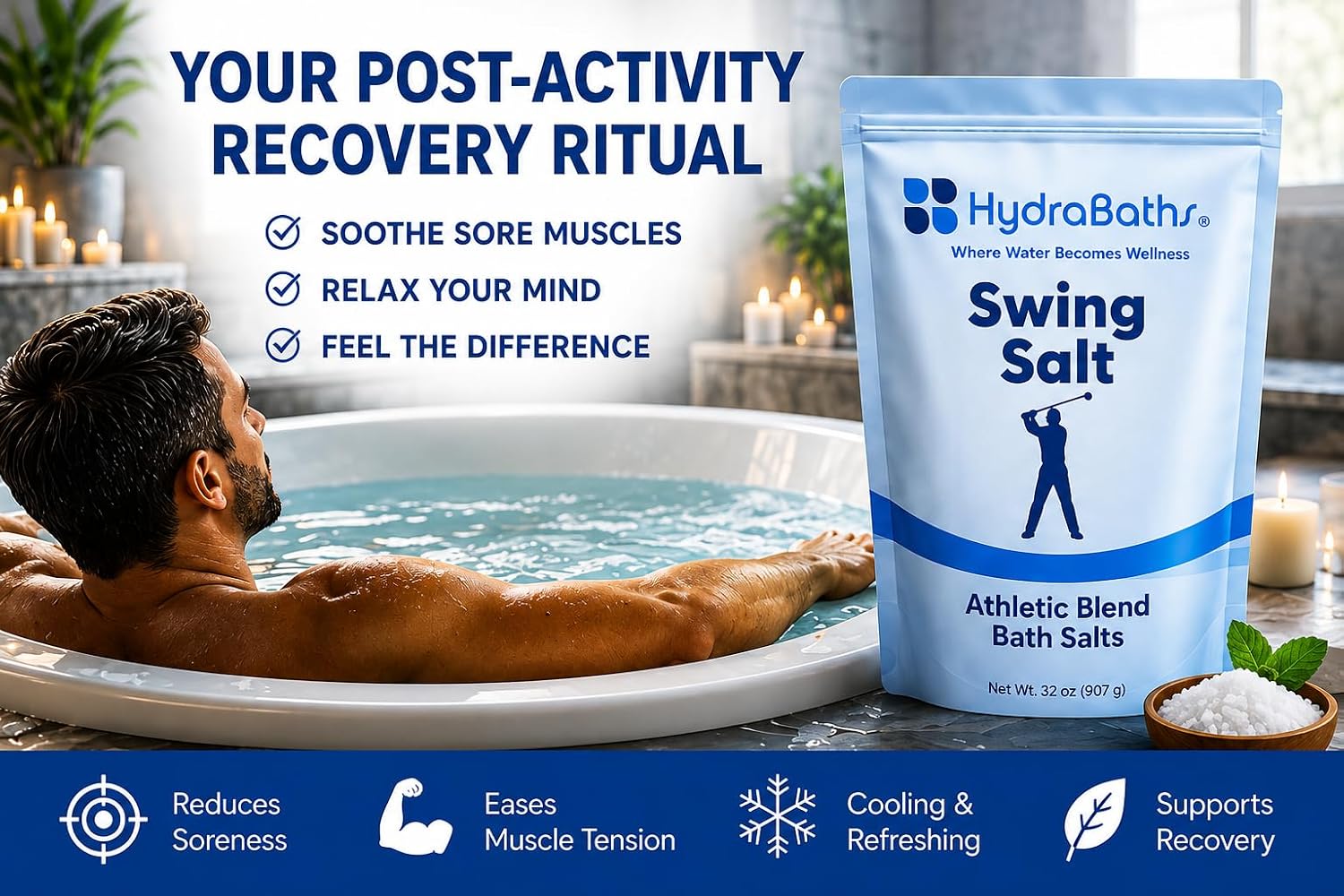 HYDRABATHS® Swing Salt Athletic Blend Bath Salts, Epsom Salt, Menthol Additave, Essential Oil Blend