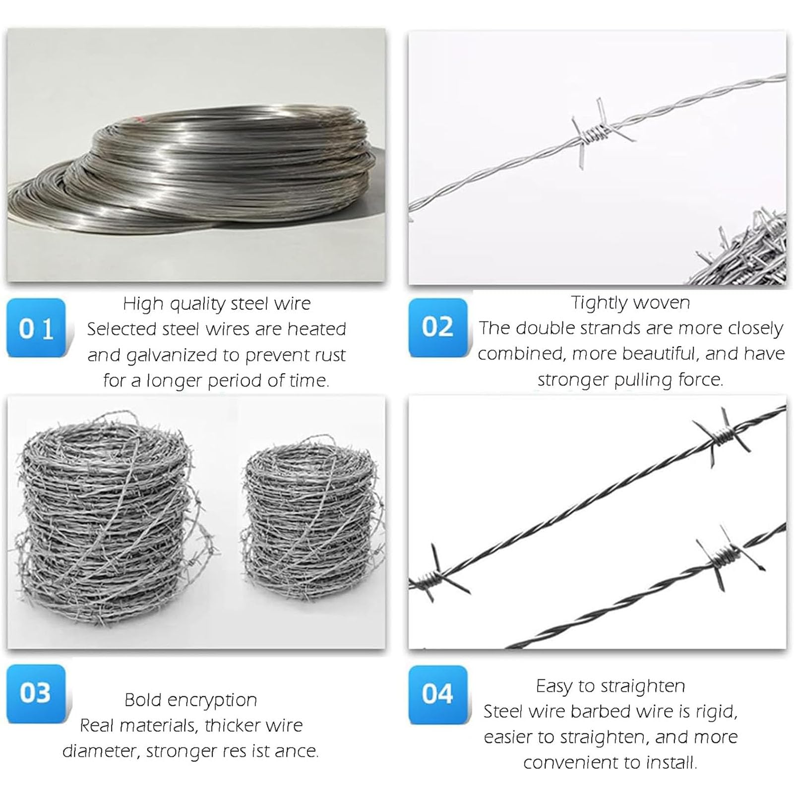 Rollo de Alambre de púas galvanizado, 300 m x 2,3 mm de Alto, Acero al Zinc, Alambre de cercado Afilado y antioxidante para la protección de Plantas de jardín, Alambre de púas Duradero para