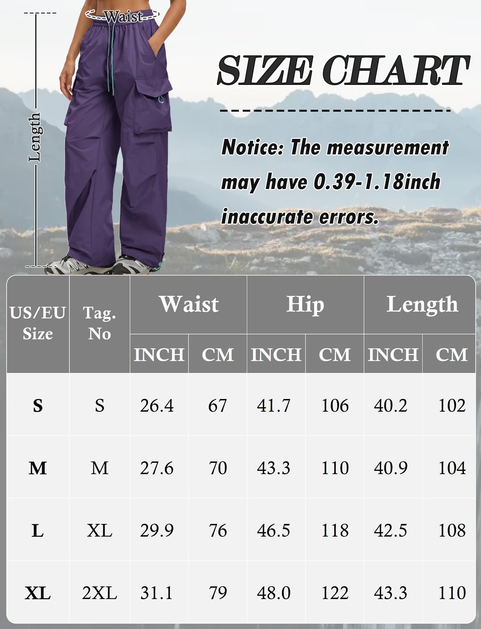 FEOYA Damskie spodnie trekkingowe, wodoodporne, szybkoschnące, spodnie outdoorowe, szerokie nogawki, spodnie cargo, Baggy Parachute Pants High Waist