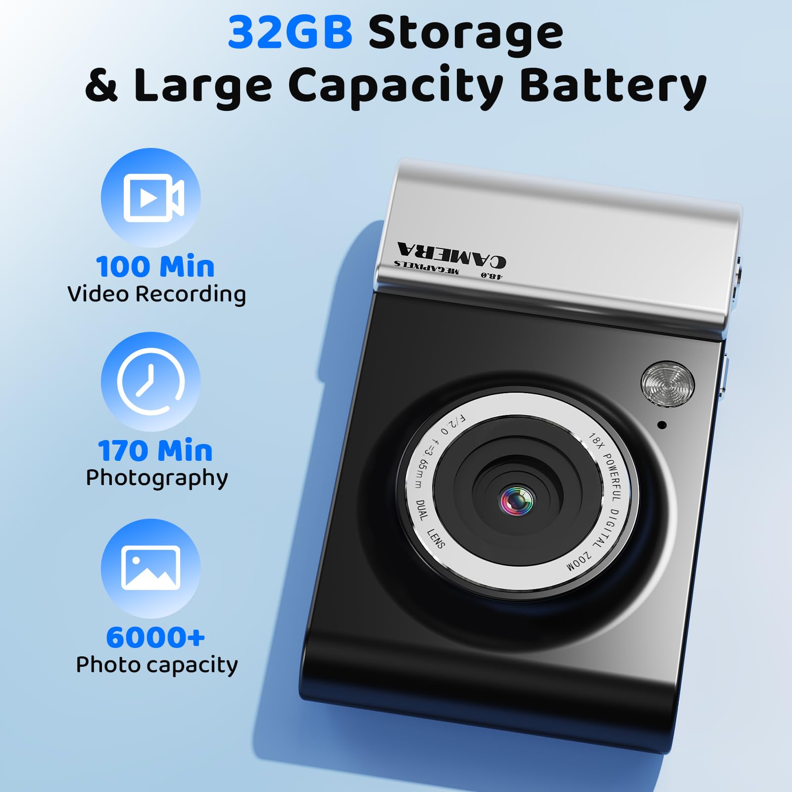 Fotocamera digitale 4K 64MP FHD fotocamera fotografica per bambini 18X zoom digitale fotocamera compatta con 2,4 schermi, scheda SD da 32 GB per bambini adolescenti principianti, nero