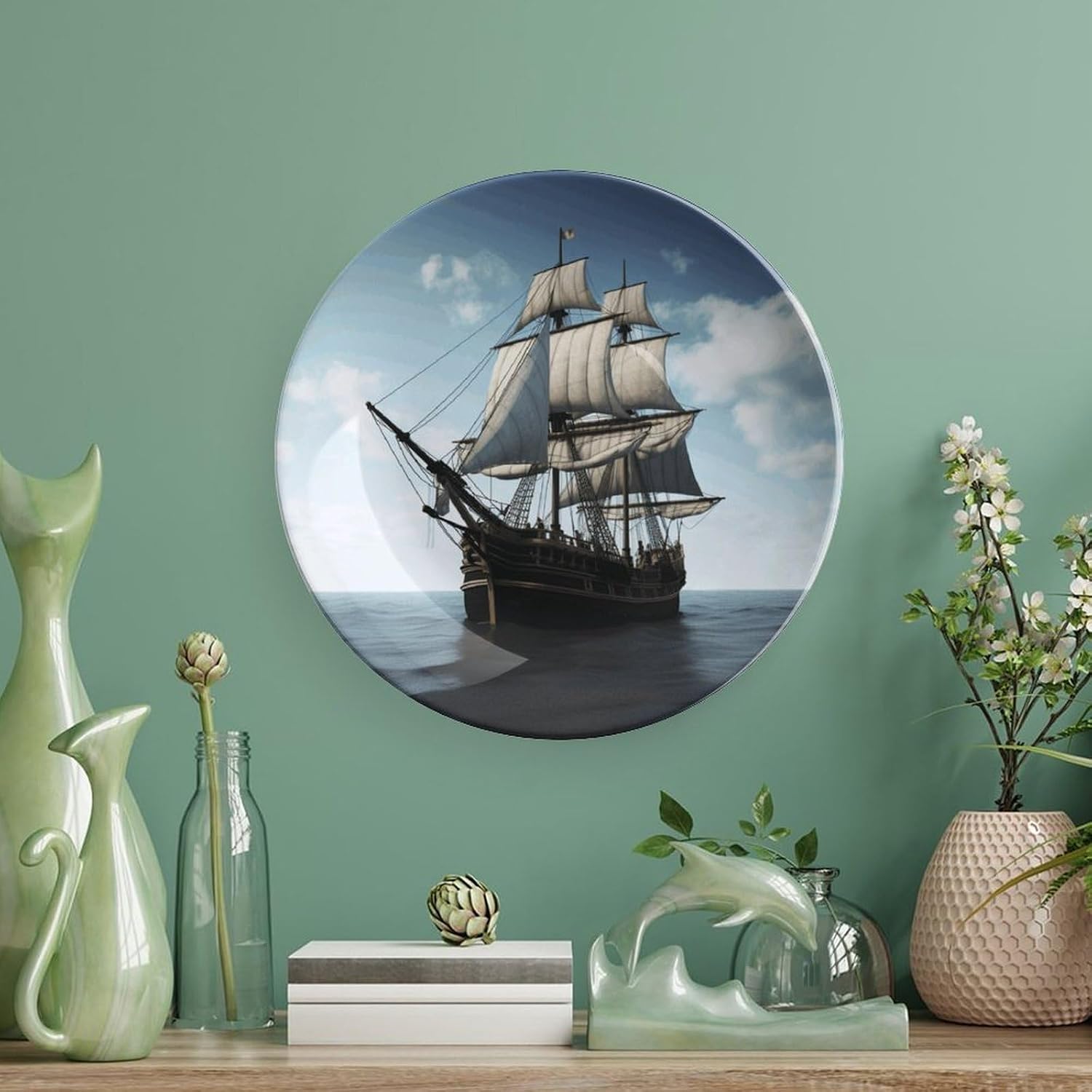 Old Sailing Ship Bone China Decorative Plate with Stand 6inch