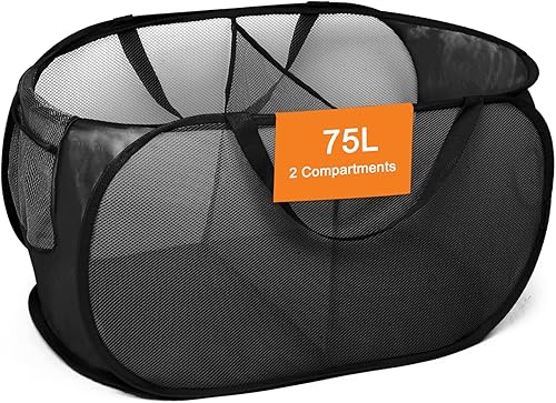 Foldable Laundry Baskets, Collapsible Mesh Laundry Hamper, Durable Pop Up Laundry Basket, 2 Compartments Clothes Hampers for Laundry, Easy to Carry
