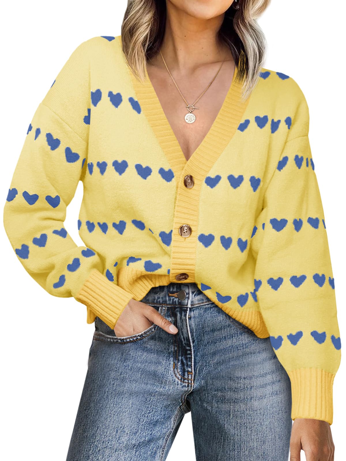 Saodimallsu Womens Heart Cardigan Sweaters Valentines V Neck Button Down Long Sleeve Knit Striped Sweater Coats