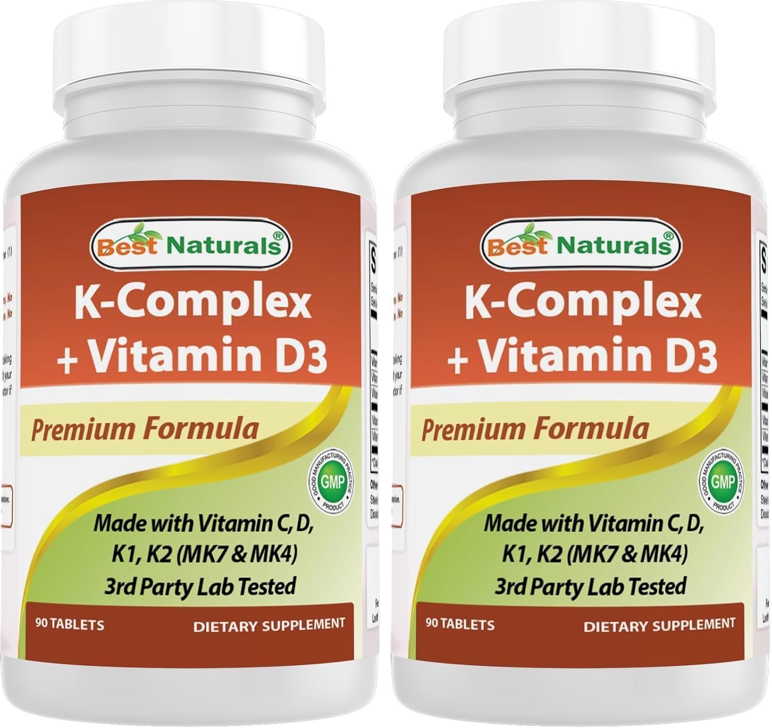 Best Naturals K-Complex with K1 (Phytonadione 1500 mcg + K2 as Menaquinone 100 mcg + K2 as MK-4 1000 mcg) + D3 + VIT. C - 90 Tablets - Made in The USA (Pack of 2)