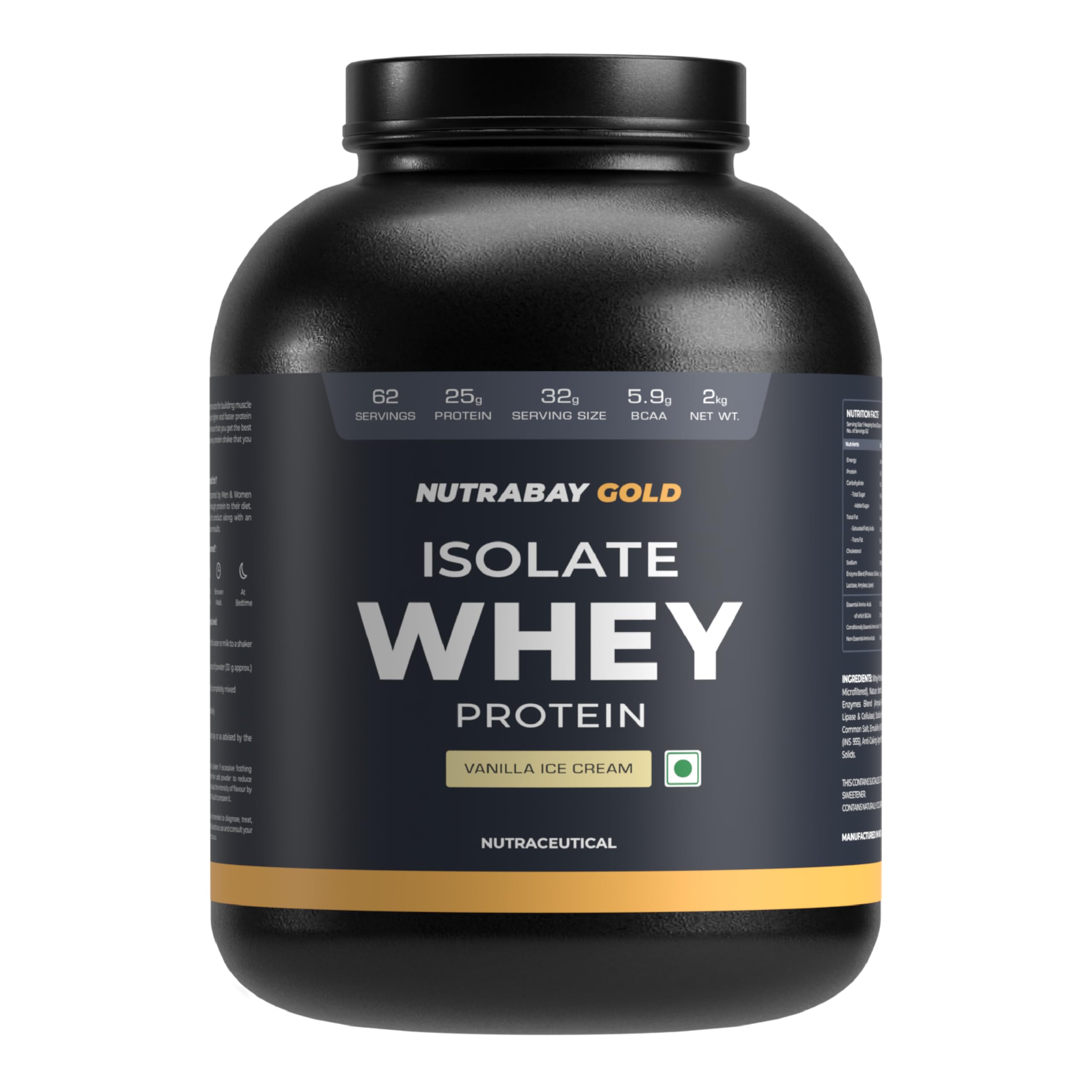 Nutrabay Gold Whey Protein Isolate Powder 25g Protein, 5.9g BCAA per Serving, Easy to Digest, NABL Lab Tested – Muscle Growth & Recovery – 2kg, Vanilla Ice Cream|100% Authentic Clean Protein