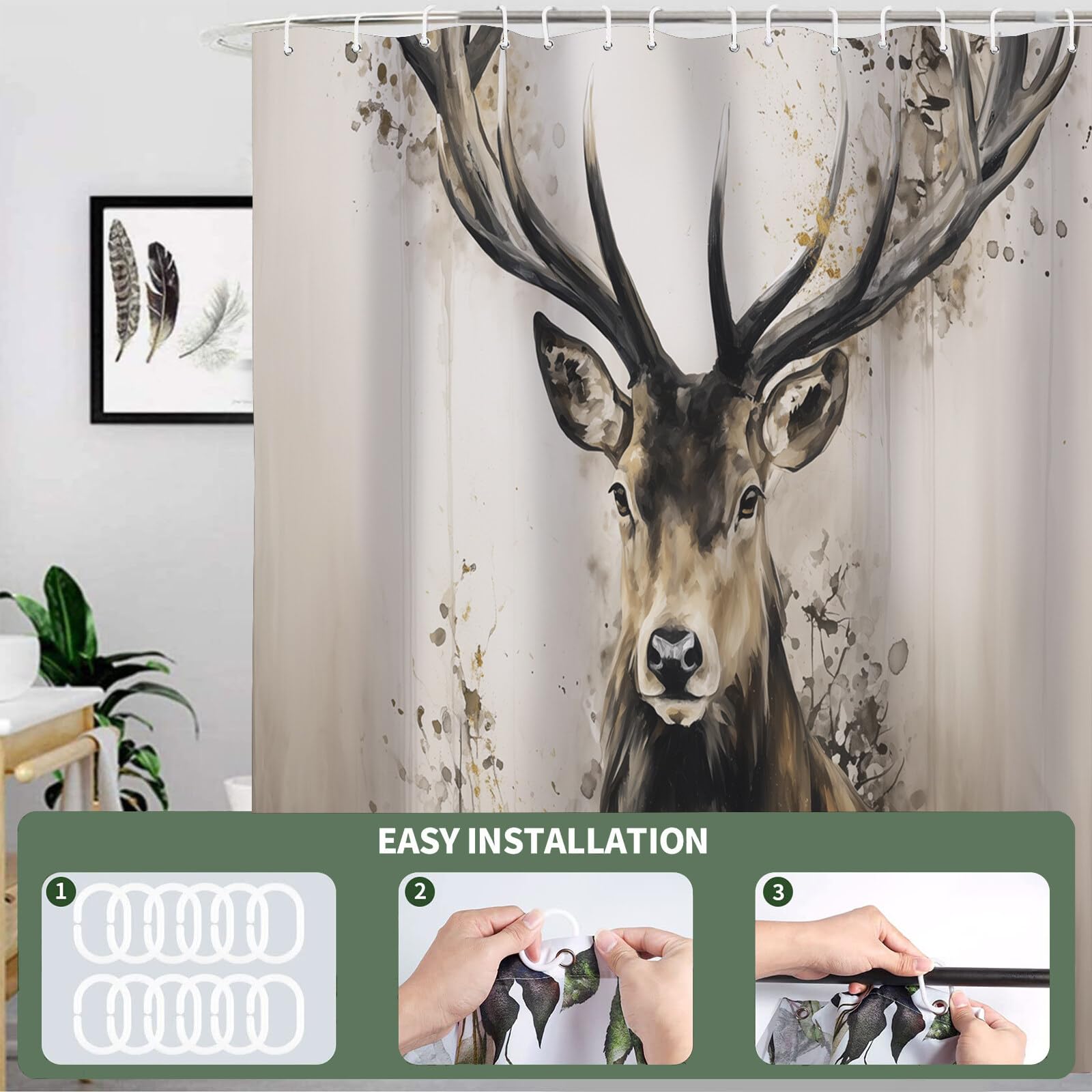 Rideau De Douche Beige Marron Cerf Rétro Peinture À l'huile Aquarelle Rideau De Bain Tissu Polyester Anti Moisissure Imperméable Lavable Rideaux Salle De Bain avec Crochets pour Baignoire
