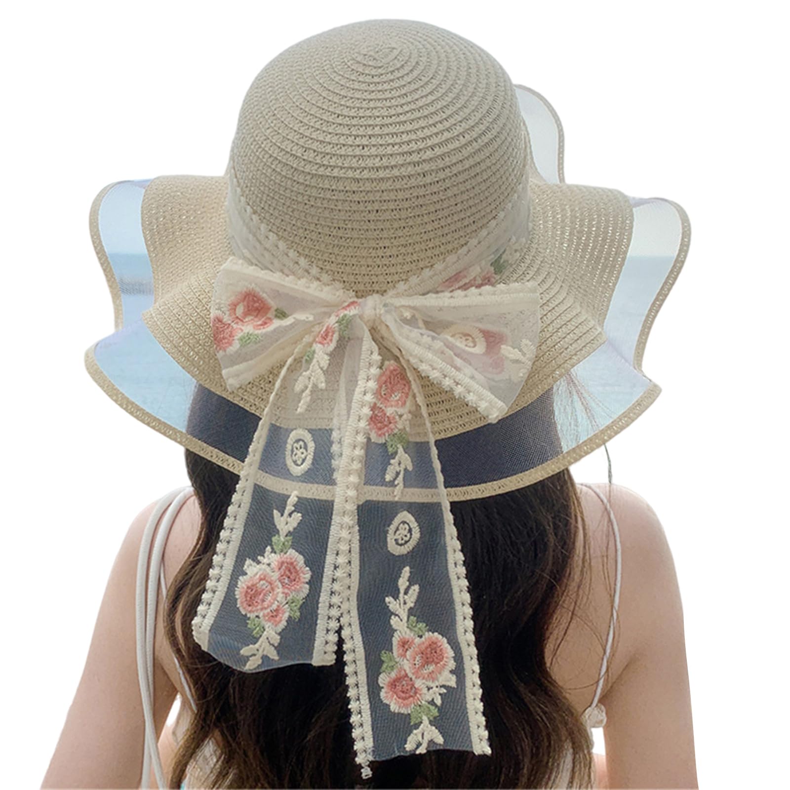Amazon.com: WEISUYUUS Handmade Straw Hat Elegant Ribbon  display picture 2