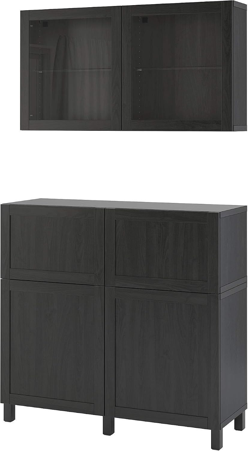 BESTÅ Storage Combination w Doors/Drawers, 120x42x213 cm, Black-Brown/Hanviken/Stubbarp Black-Brown Clear Glass
