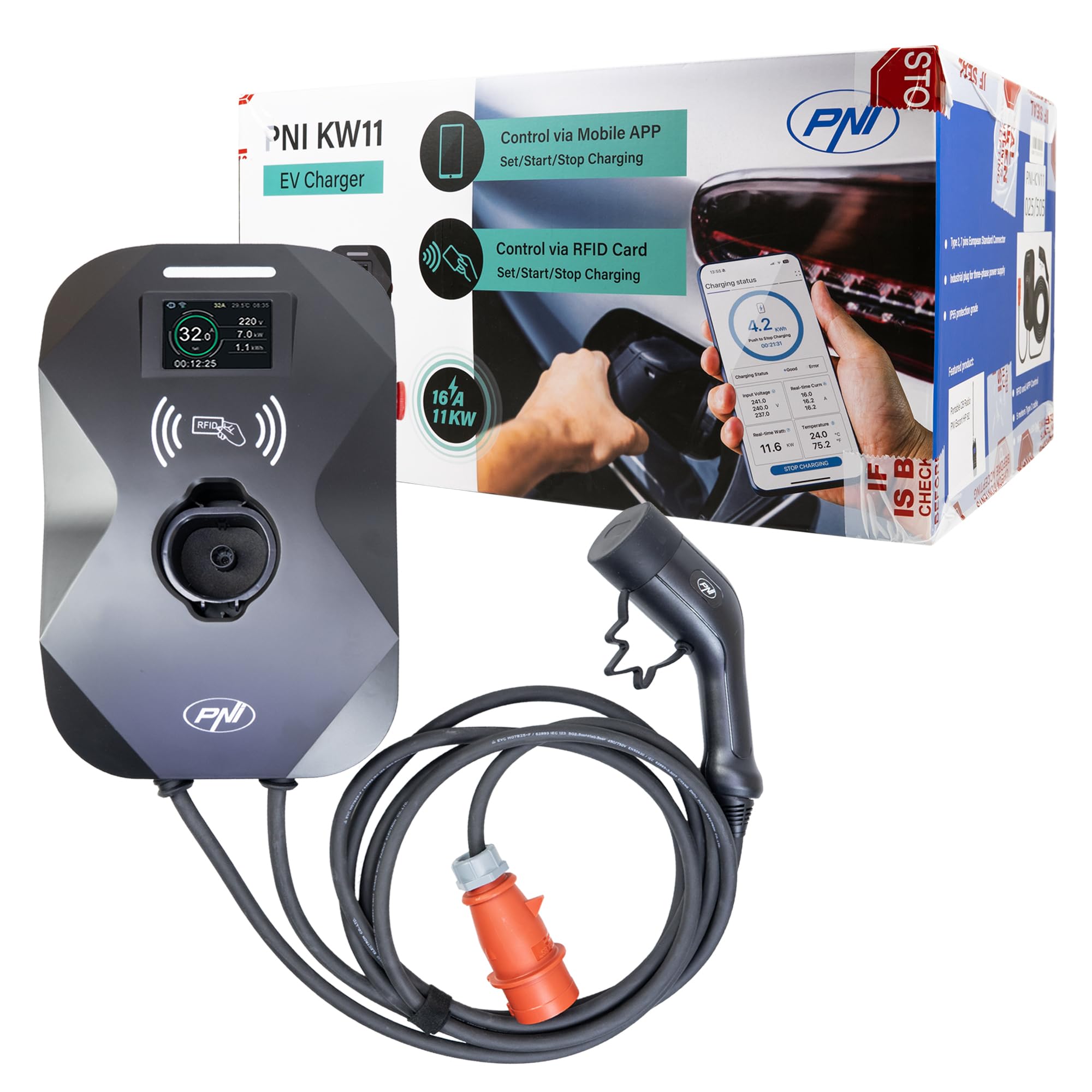 PNI KW11 16A, 11KW charging station, for electric cars, 85V - 415V, three-phase, 7-pin Type2 cable, 3.5 inch screen, with Bluetooth, app control, charging activation via app and RFID card, IP55