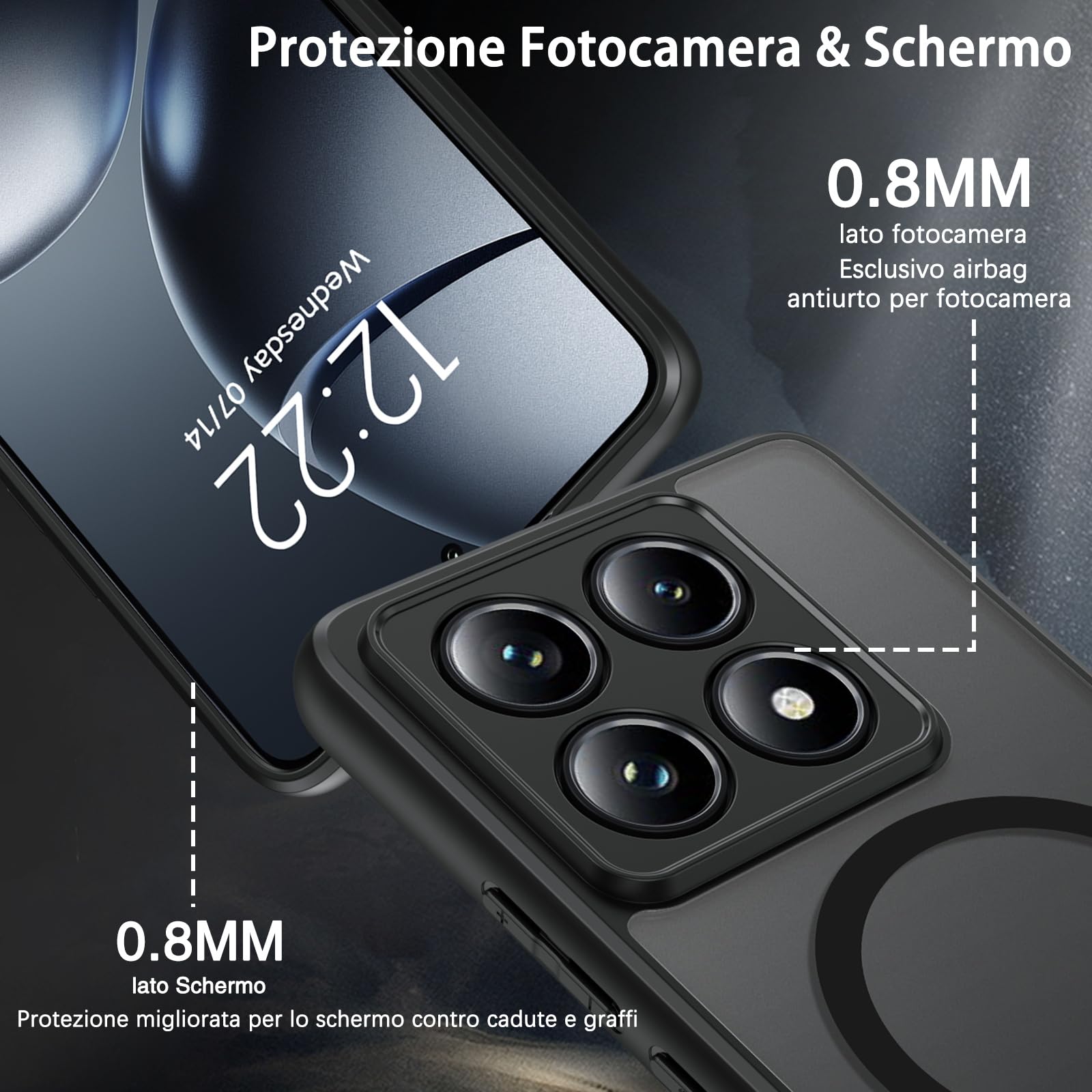 Oelrstfe per Xiaomi 14T Pro Cover Compatibile con MagSafe con 2 Pezzi Vetro Temperato, Custodia Magnetica Traslucida Opaca, [Antiurto Grado Militare] Custodie Posteriore Glassata, Nero