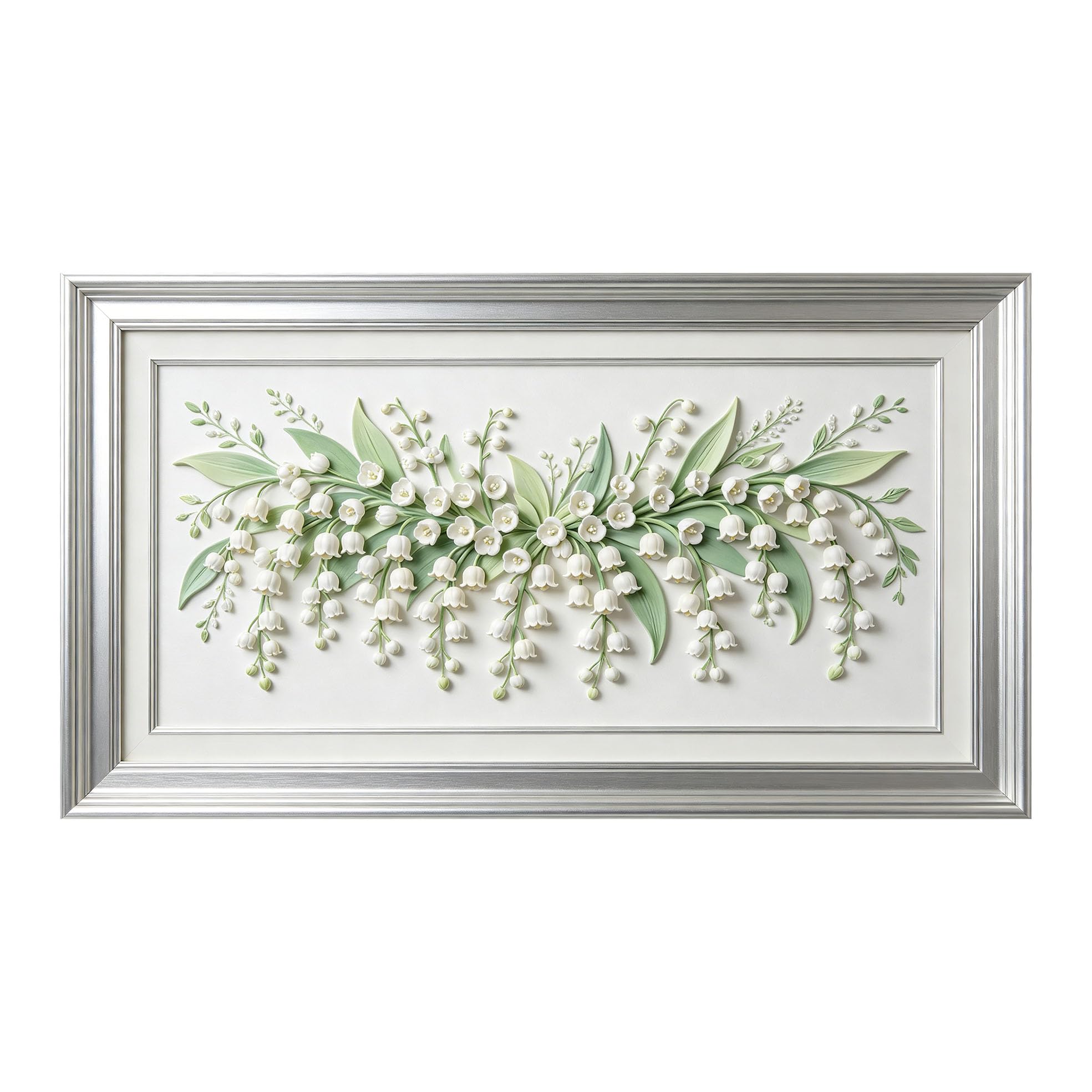 Murasolite 3D Framed Wall Art Lily of the Valley Floral Botanical Relief Effect SelfAdhesive Fabric Mural Wall Decor， Peel and Stick No Damage to Wall， AntiFall Safe Design for Bedroom Living Room