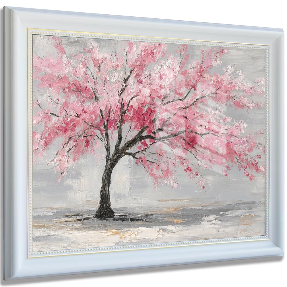 Cherry Blossom Tree Wall Art Pink Spring Floral Canvas Print Vintage Japanese Style Tree Painting for Living Room Bedroom Farmhouse Home Wall Decor 16x20in White Frame
